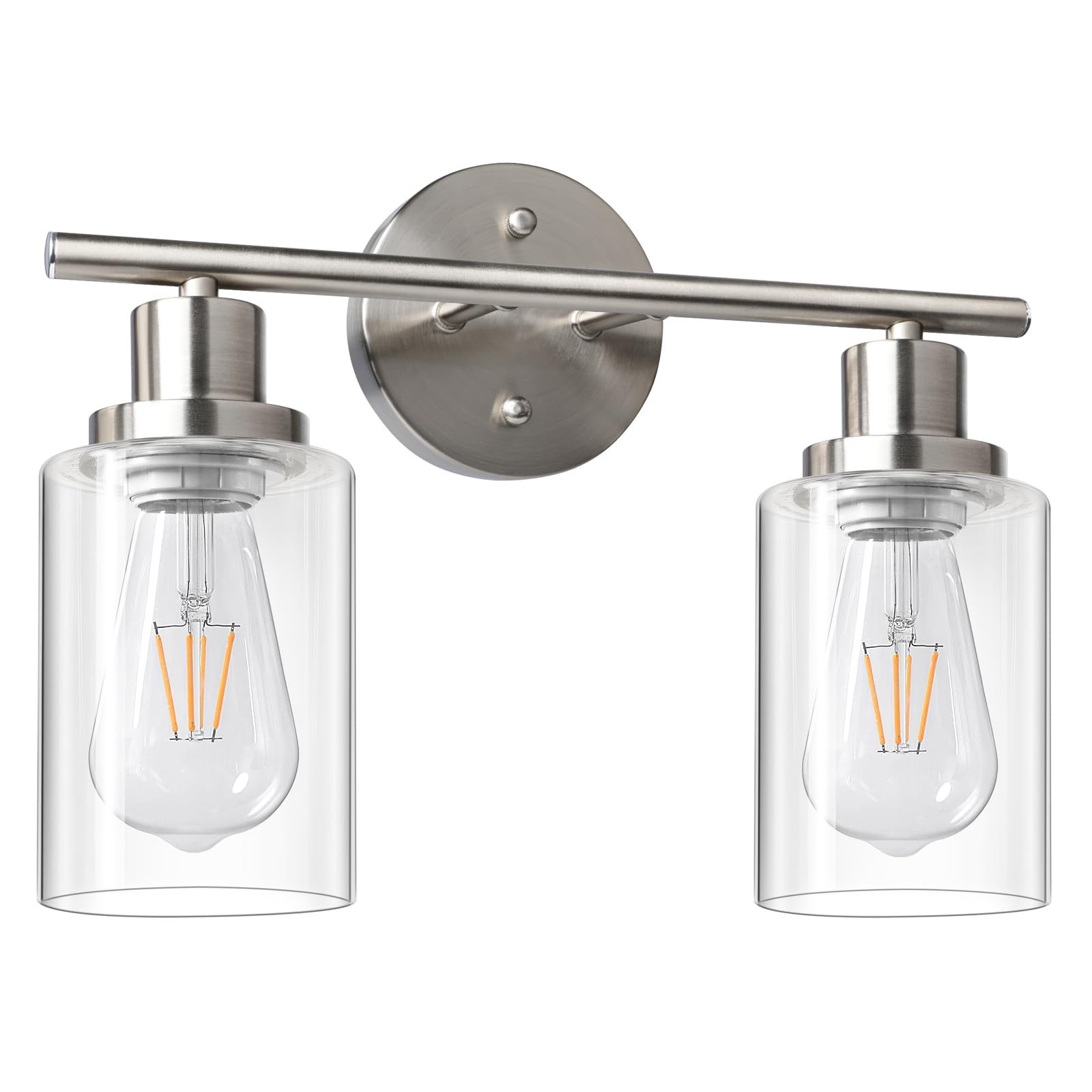 Unicozin 2-Light Brushed Nickel Vanity Wall Sconce with Clear Glass Shade - Bathroom Mirror Lighting Fixture for Bedroom, Living Room, Hallway - E26 Base (Bulbs Not Included) - Perfect for Makeup Vanity, Dressing Room & Home Decor