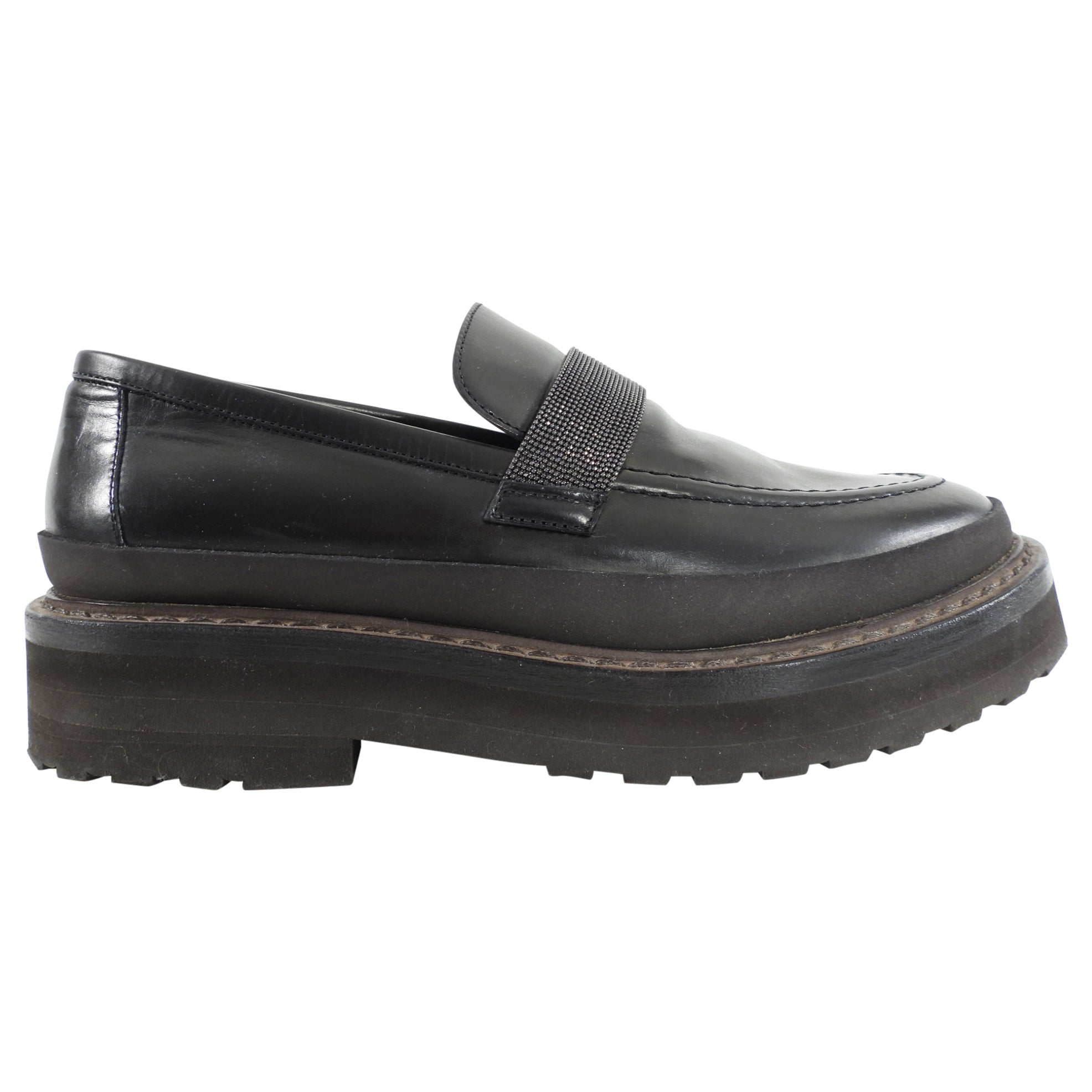 Brunello Black Leather Monili Chunky Loafer Shoes for Women - Size 36.5 / 37 EU - Comfortable Slip-On Loafers for Office, Casual Wear & Travel
