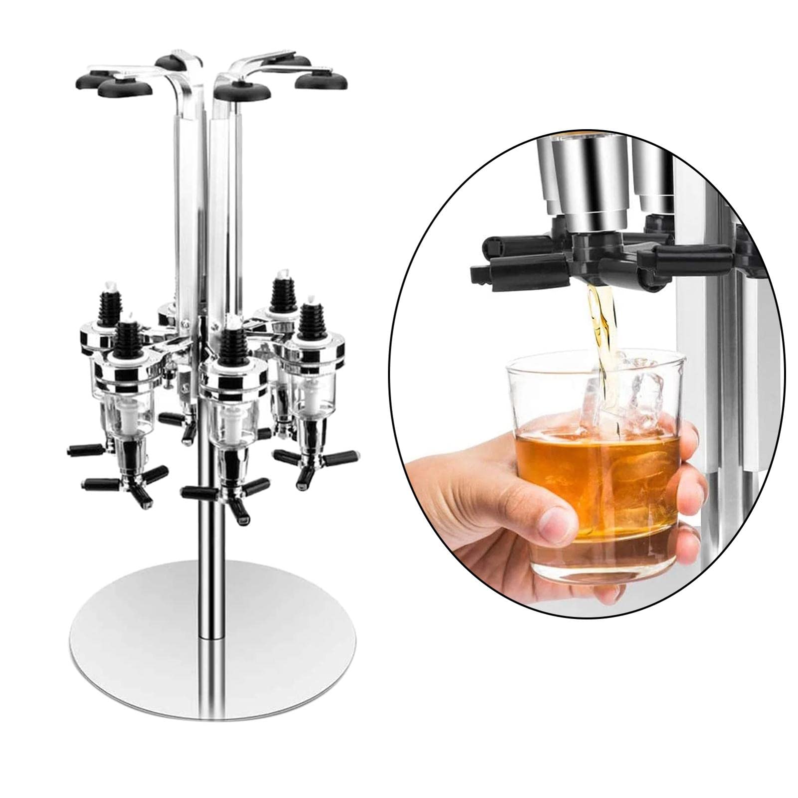 6-Bottle Rotating Liquor Dispenser with Shot Glass Holder - 360° Swivel Bar Organizer for Whiskey, Vodka & Tequila - Perfect for Home Bars, Parties & Restaurants
