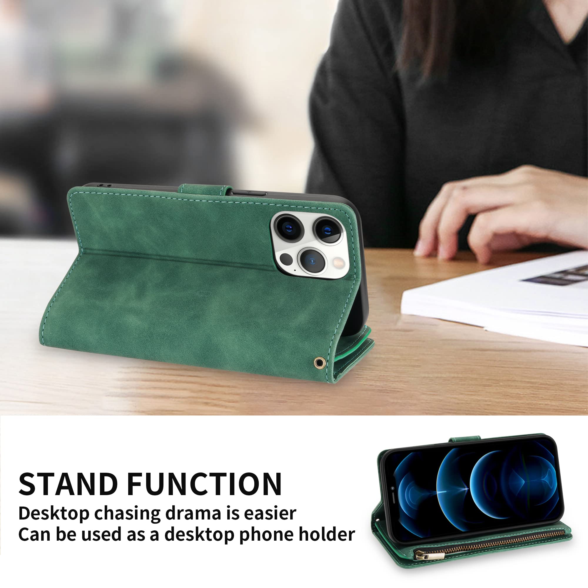 Premium Soft PU Leather Zipper Flip Folio Wallet Case for iPhone 12 Pro Max (6.7 inch) - Card Slots, Wrist Strap & Kickstand | Slim Protective Cover for Daily Use, Travel & Business (Green)