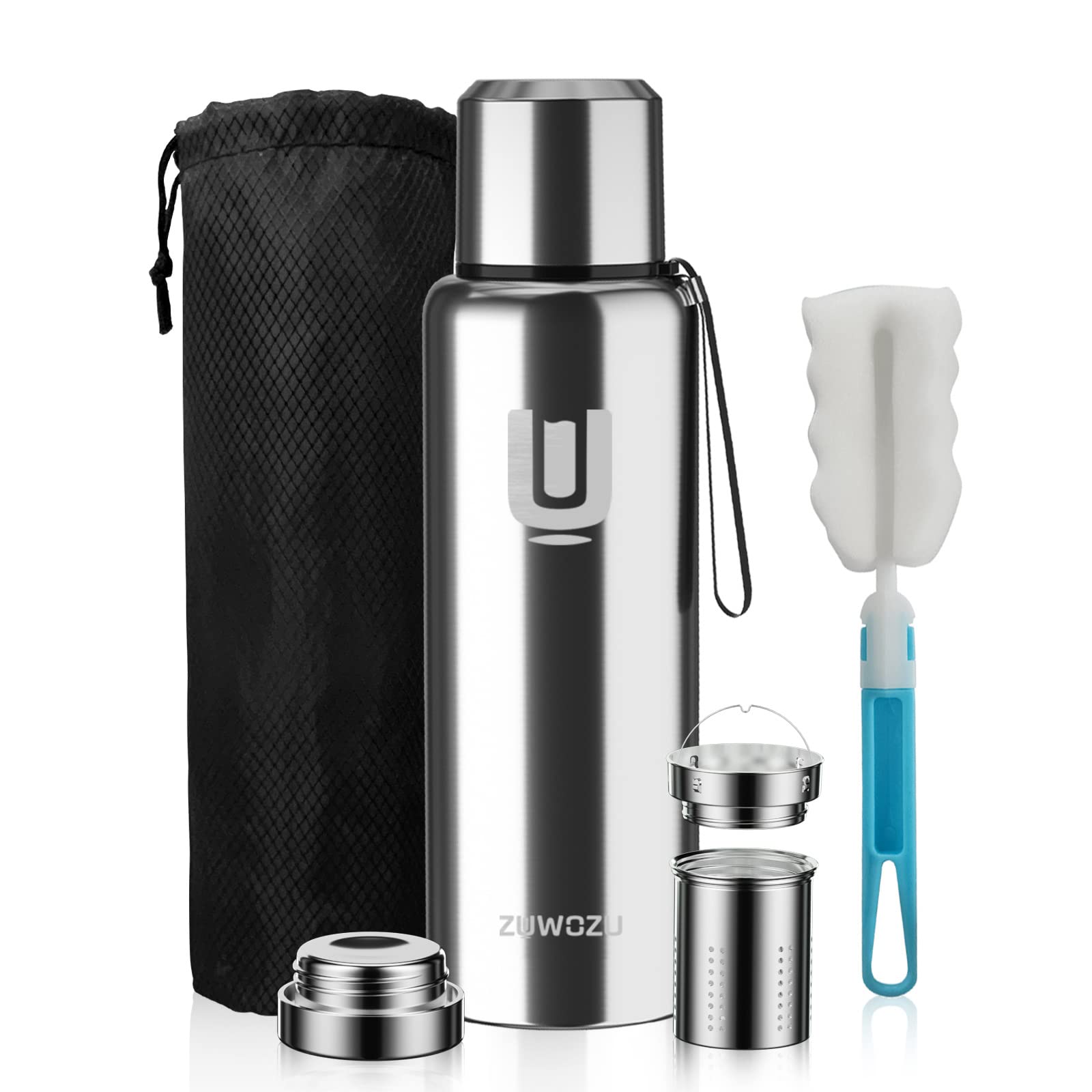 Premium Insulated Stainless Steel Water Bottle with Neoprene Sleeve & Adjustable Strap - 32oz Double Wall Vacuum Flask for Coffee, Tea & Hot/Cold Drinks - Perfect for Hiking, Gym & Outdoor Activities (18/10 Stainless Steel, Silver)