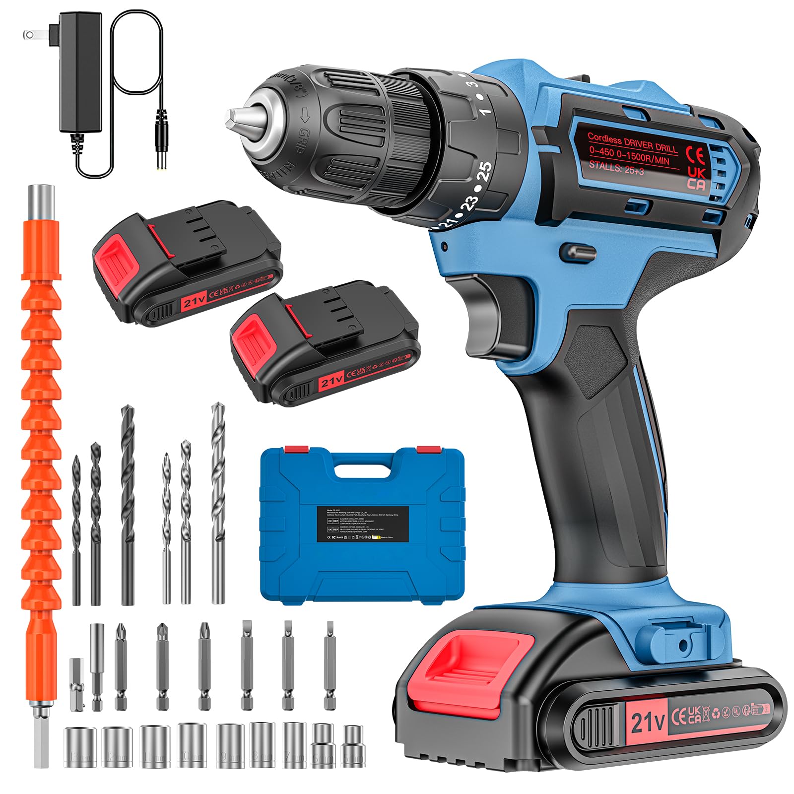 21V Cordless Power Drill Set with 2 Batteries & Charger - 25+3 Torque Settings, 3/8