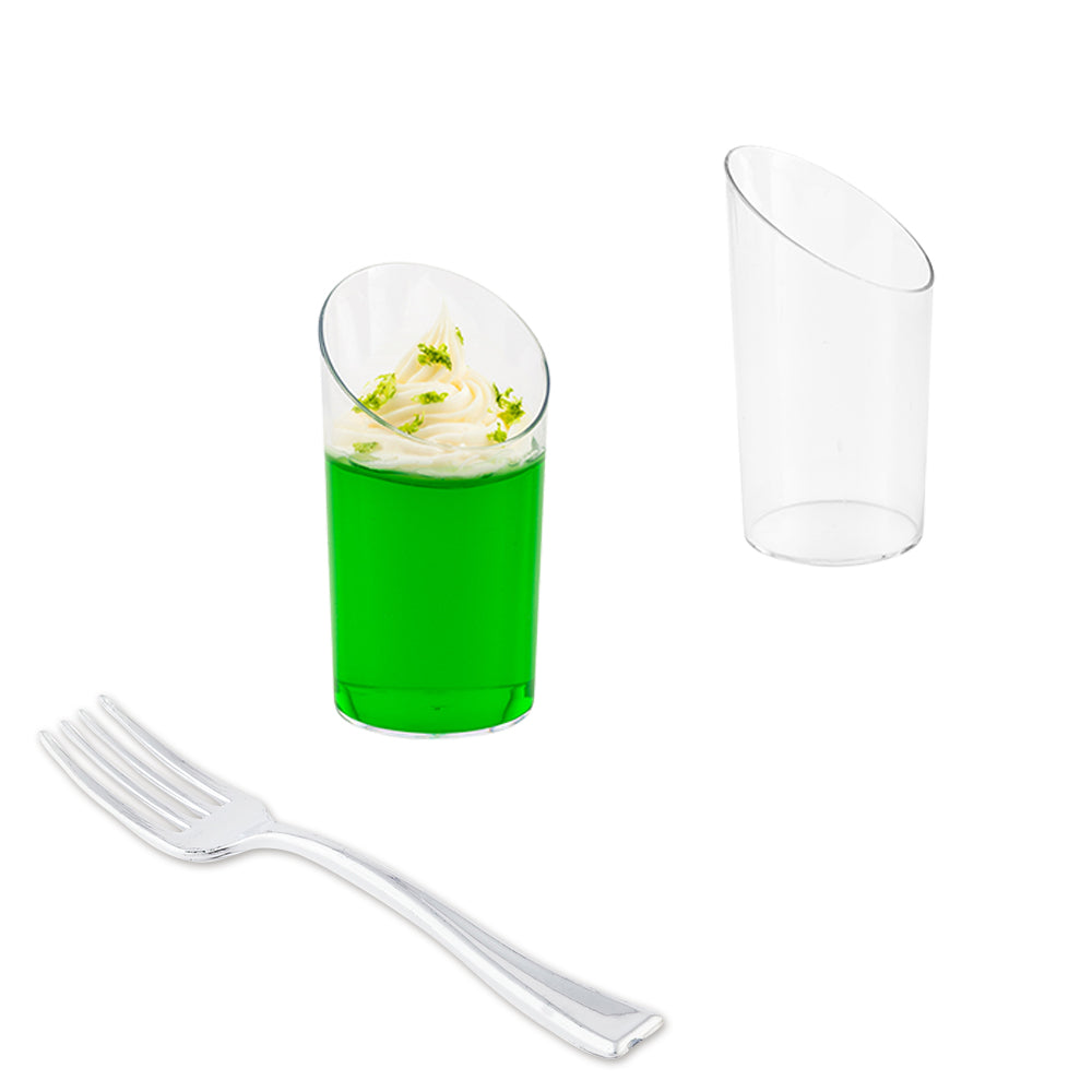 100-Pack 3 oz Clear Plastic Incline Shot Glasses with 100 Silver Mini Plastic Forks - Perfect for Parties, Weddings, Bars & Cocktail Events