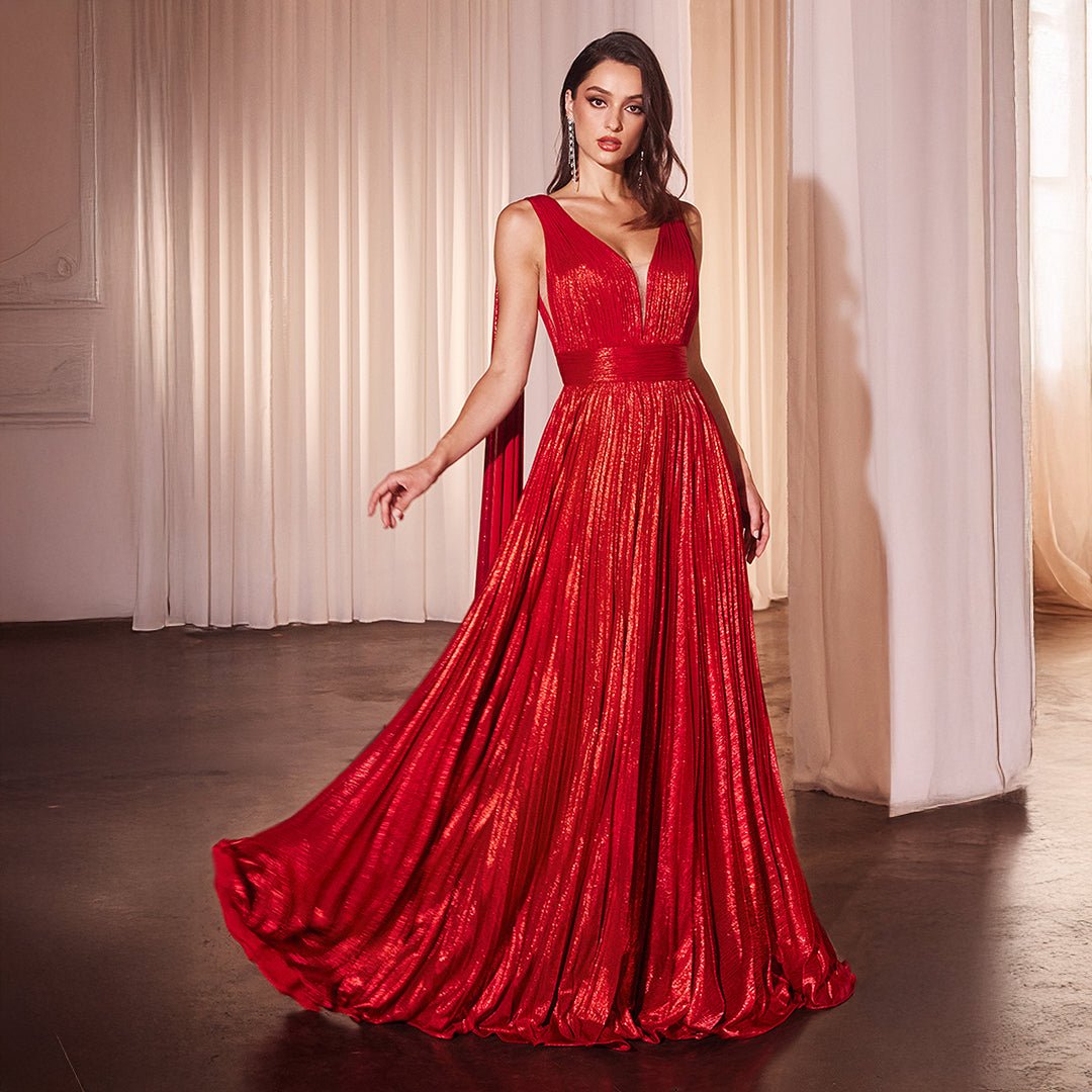 Ladivine by Cinderella Divine Metallic Red Pleated A-Line Prom Gown - Elegant Formal Dress for Homecoming, Ball, and Special Occasions