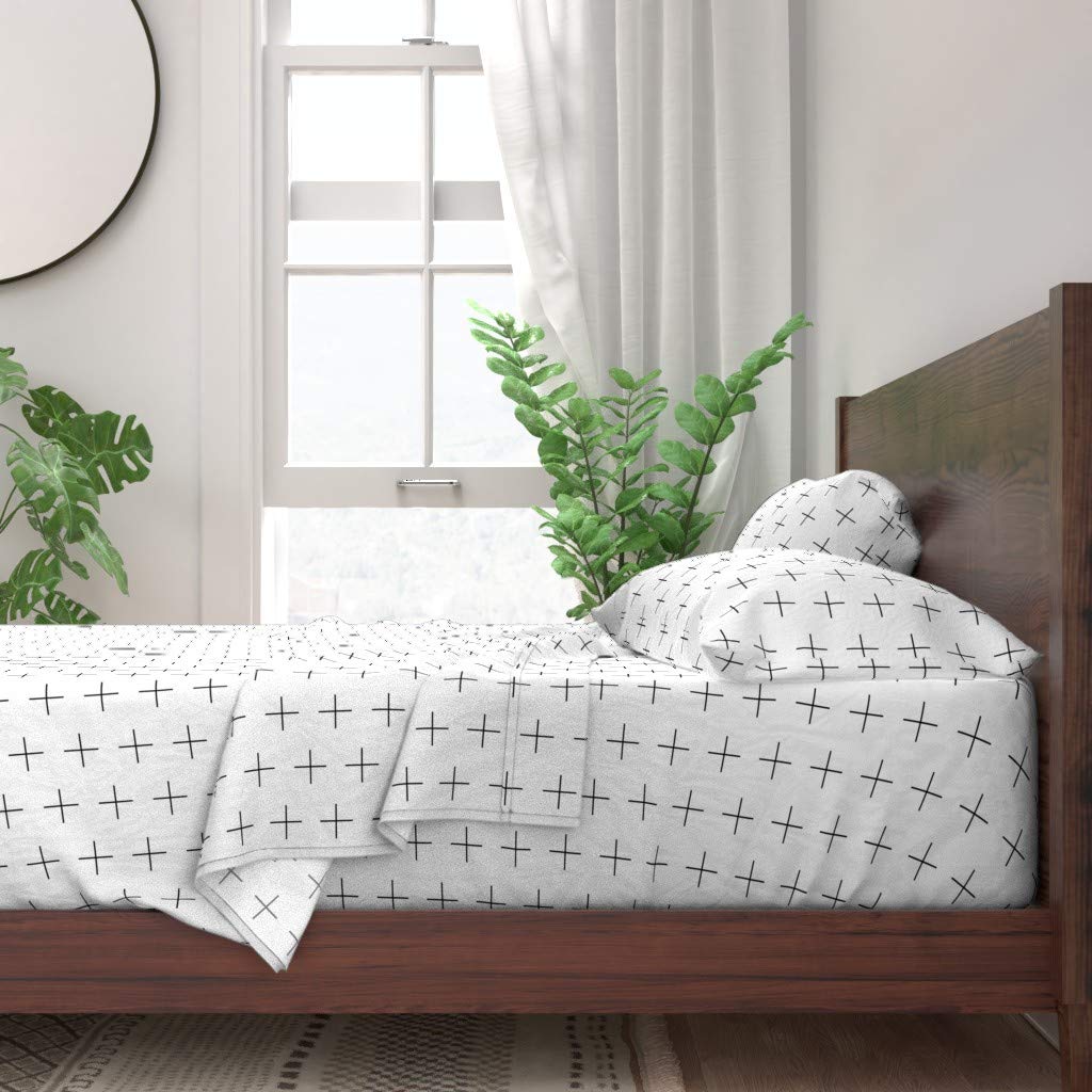 100% Cotton Queen Size 4-Piece Sheet Set - Thin Line Swiss Cross Black White Geometric Minimalist Design | Gender Neutral Nursery Bedding | Soft, Breathable & Durable for Comfortable Sleep
