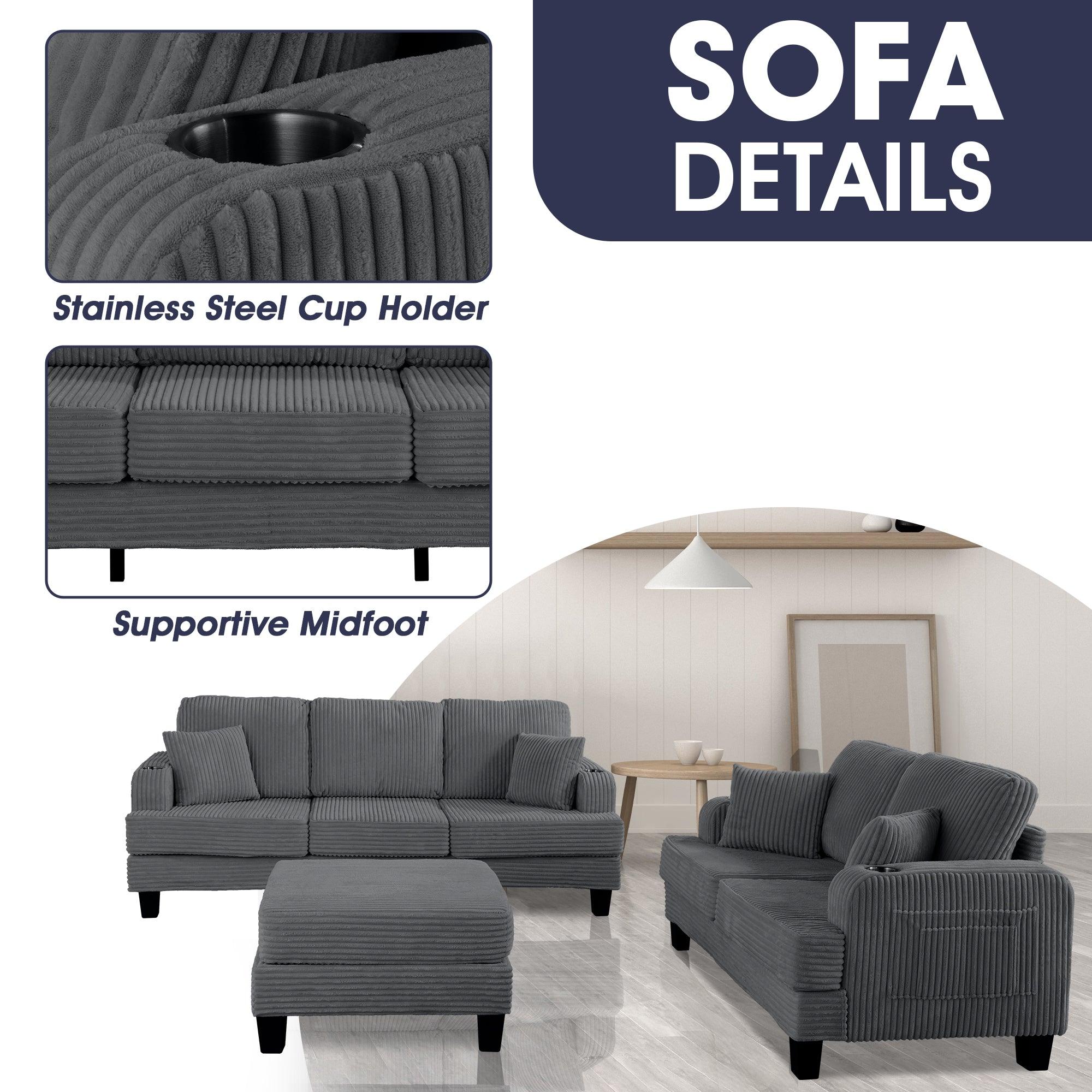 Dark Gray 3-Piece Sectional Sofa Set with Storage Ottoman - 3-Seater Couch & Loveseat with USB Charging Ports, Side Pockets & Throw Pillows - Modern Living Room Furniture for Small Spaces & Apartments - Perfect for Family Gatherings, Movie Nights & Home Office Lounging