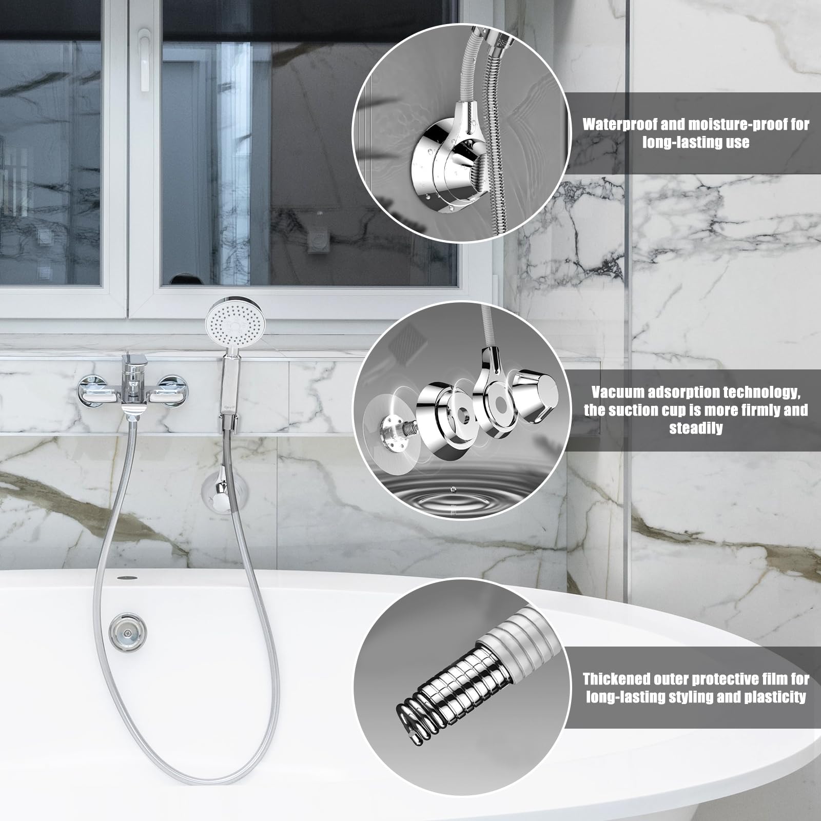 **Strong Adhesive Shower Head Holder - Adjustable Vacuum Suction Cup, No Drilling Wall Mount Bracket for Handheld Shower Wand & Hose - Waterproof & Flexible Bathroom Accessory (Chrome) - Perfect for Small Bathrooms & RVs**