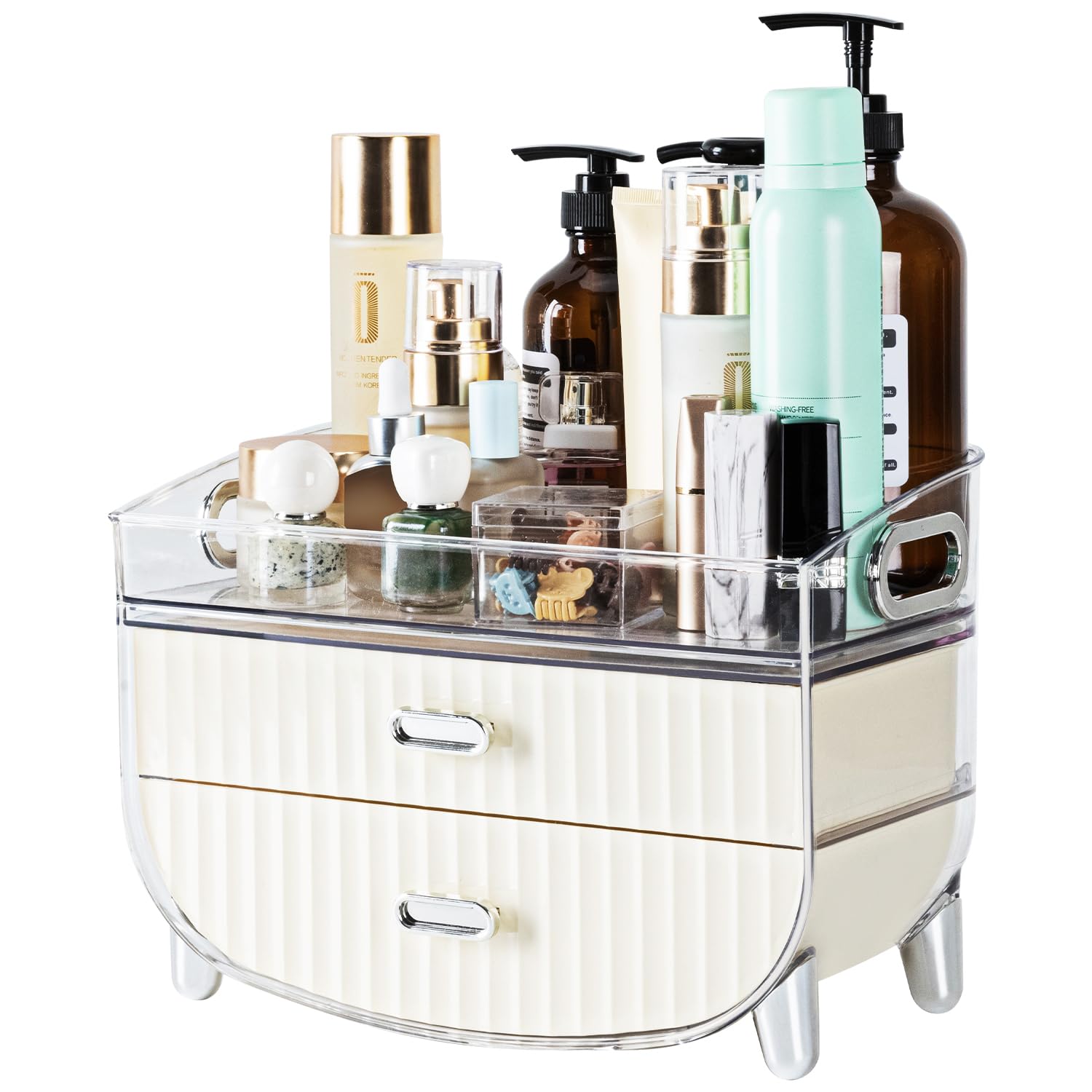 VUSIGN 2-Drawer Makeup Organizer with Tray - White Cosmetic & Skincare Storage for Countertop, Bathroom, Dresser | Perfect Women's Gift | Ideal for Vanity Organization and Travel Beauty Essentials