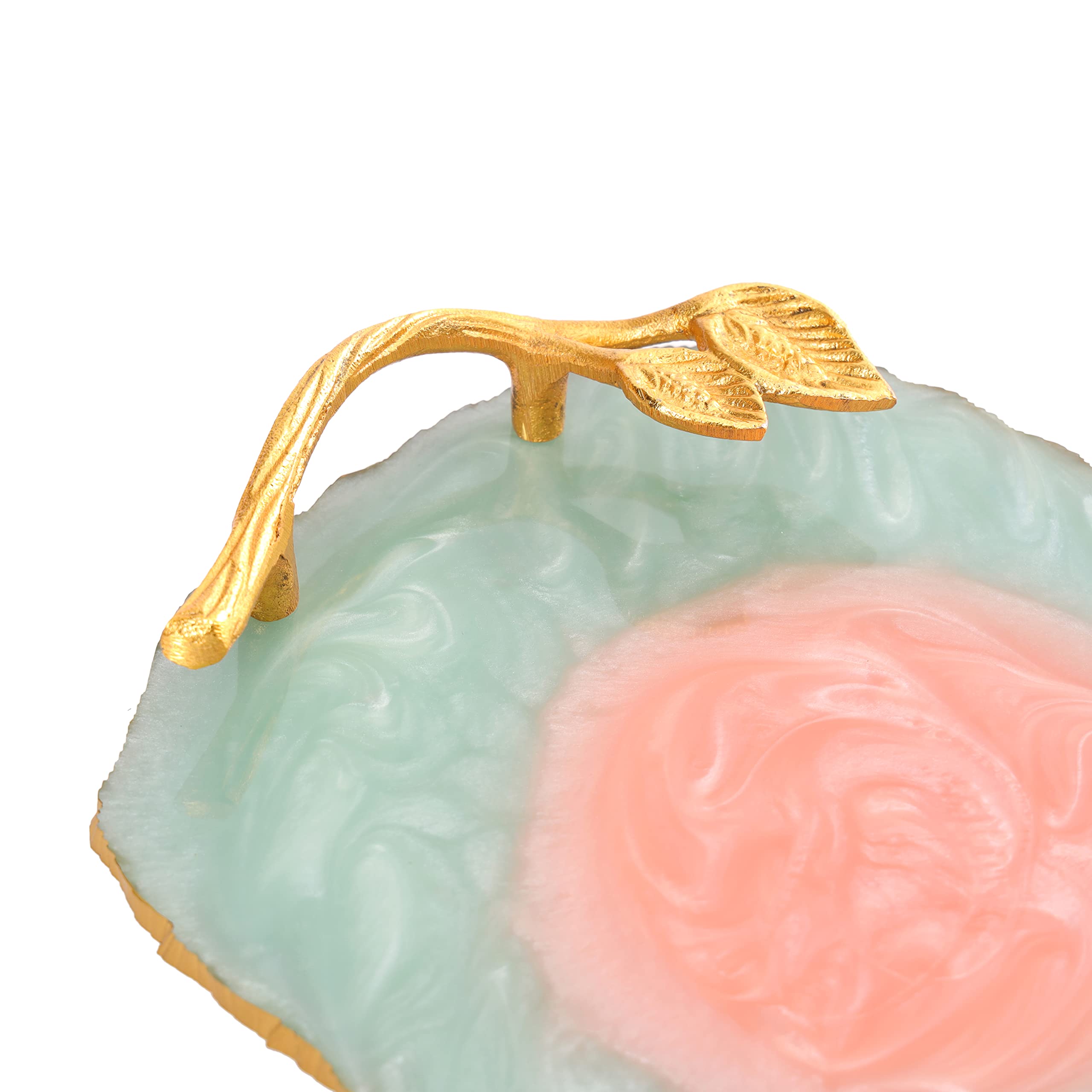 DULI Resin Serving Tray with Golden Handle - Water & Heat Resistant Multipurpose Tray for Dining Table, Coffee Table, and Home Decor - Elegant Aqua-Pink Showpiece Tray for Parties, Breakfast in Bed, and Gift Giving