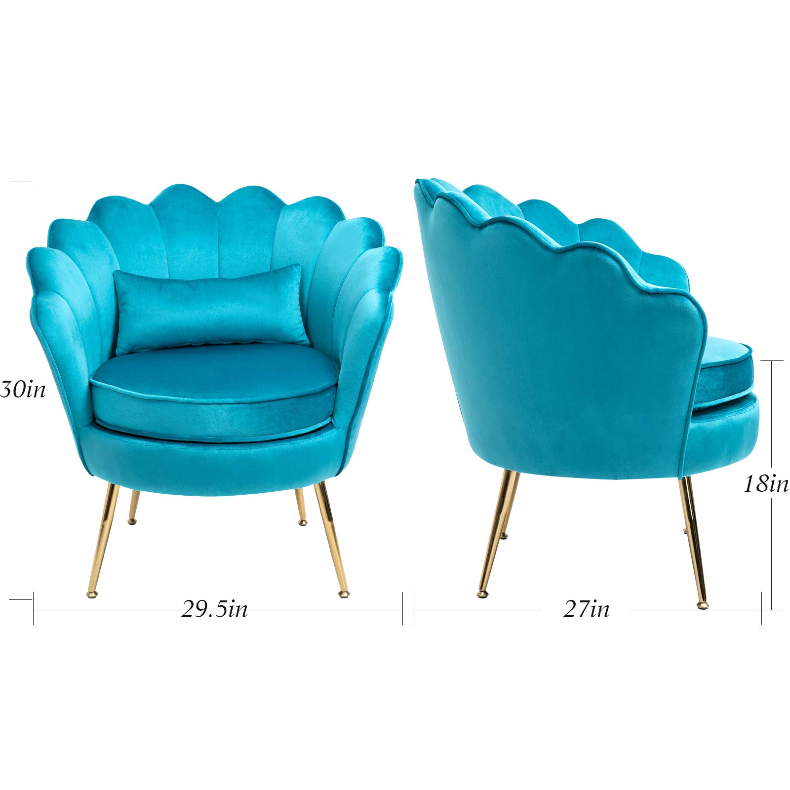 Velvet Accent Chair with Golden Metal Legs - Modern Upholstered Armchair for Bedroom, Living Room & Vanity | Comfy Dining & Makeup Chair, No Wheels | Perfect for Home Decor, Relaxing & Dressing Areas (Azure)