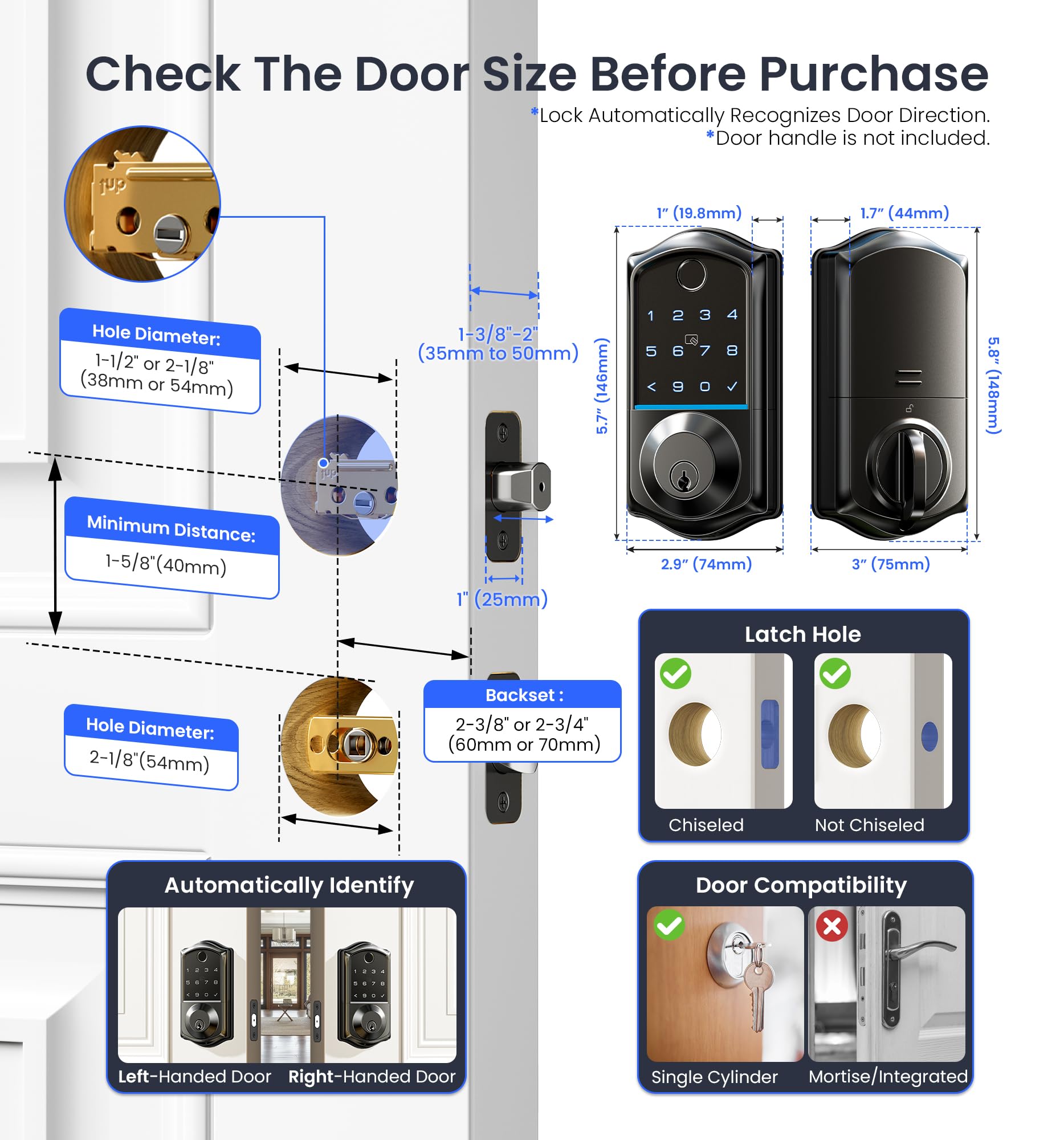 Veise Smart Door Lock with Fingerprint & App Control - 7-in-1 Keyless Entry, Auto Lock, Emergency Power Port, Touchscreen Keypad - Biometric Electronic Lock for Front Door (Matte Black) - Perfect for Homes, Apartments & Vacation Rentals