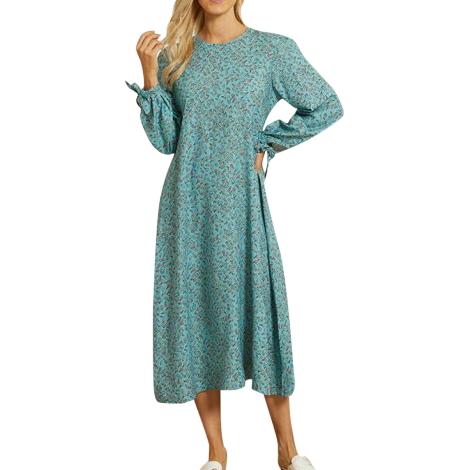 Elegant Casual Dresses for Women - Floral Printed Round Neck Long Sleeve Tie Waist Dress | Perfect for Office, Date Night & Spring Outfits