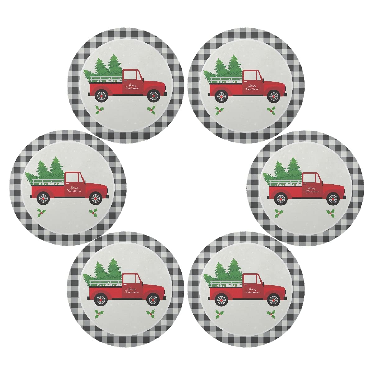 Christmas Truck & Buffalo Plaid Round Placemats Set of 4 - 15 Inch Non-Slip Dining Table Mats for Kitchen, Holiday Decor, Home & Wedding - Easy Clean Festive Table Setting Accessories for Christmas Dinner, Party & Family Gatherings