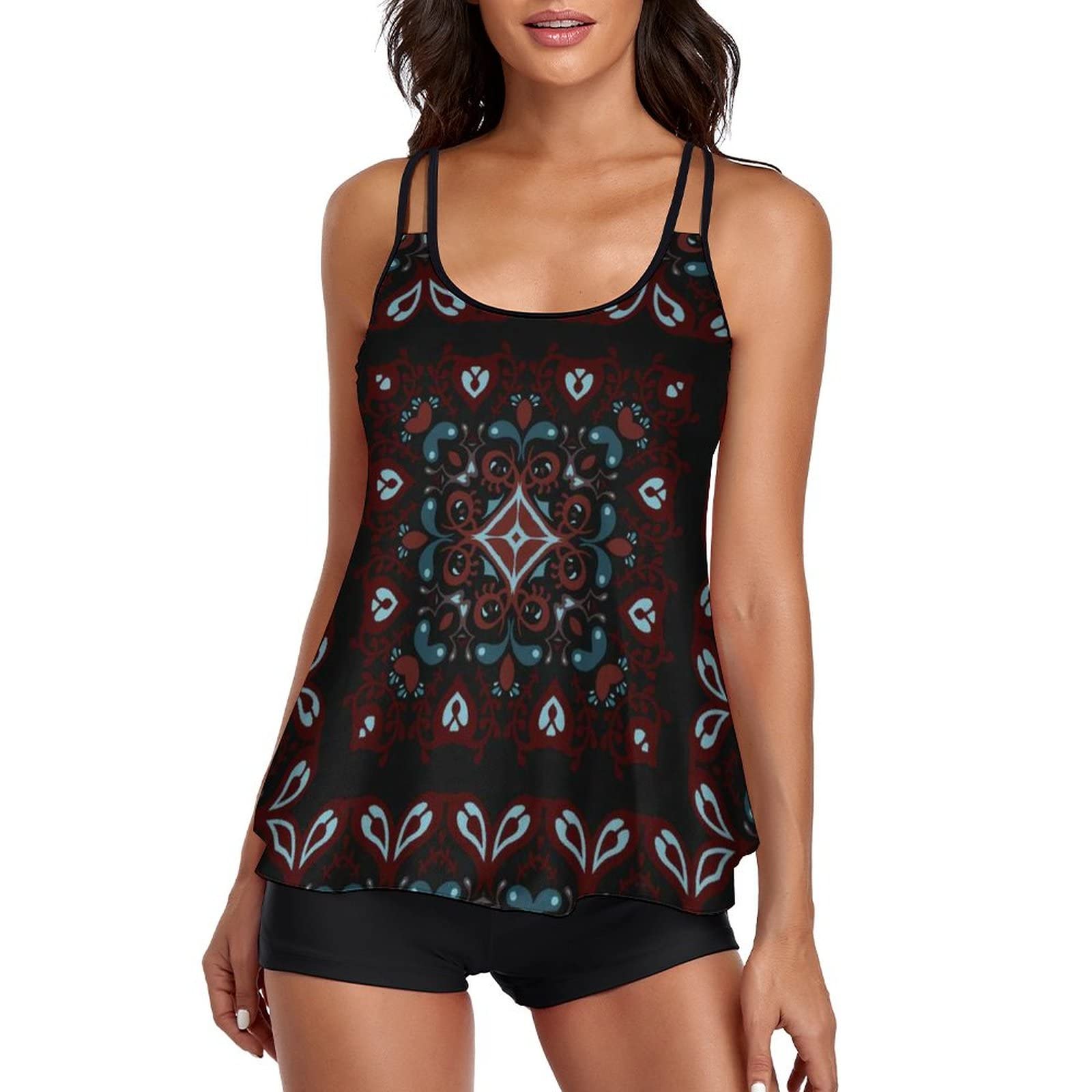 Women's Floral Paisley Black Tankini Swimsuits - Two Piece Bathing Suits with Tummy Control & Loose Fit Bikini Bottoms | Perfect for Beach Vacations, Pool Parties & Summer Getaways