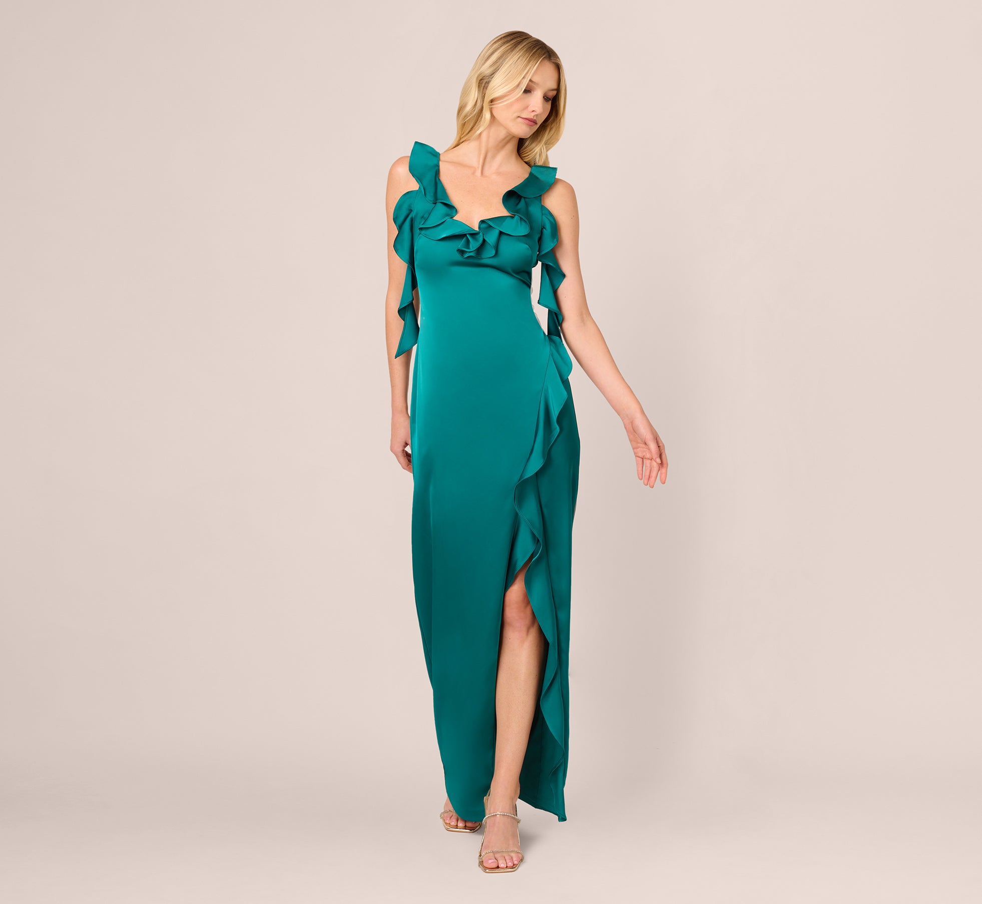 Elegant Deep Emerald Stretch Satin Ruffle Long Dress for Evening Gala, Prom Night & Special Occasions