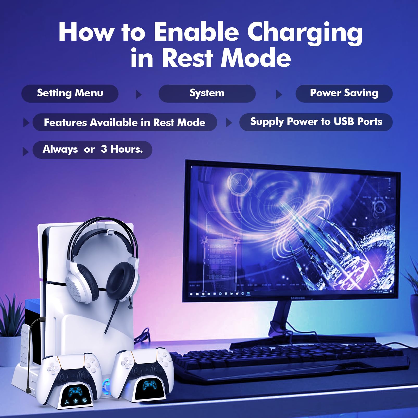 PS5 Slim & PS5 Cooling Stand with Dual Controller Charger - White Cooling Fan Station for PlayStation 5 Console | Includes Headset Holder & 11 Game Storage Slots | Perfect for Gaming Setups & Entertainment Centers