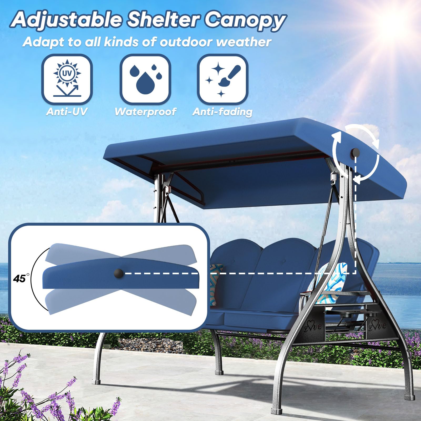 3-Seat Outdoor Porch Swing - 800lb Capacity 2-in-1 Patio Glider Chair with Adjustable Canopy & Removable Cushions - Heavy Duty Square Tube Stand for Yard, Garden, Deck or Backyard Relaxation (Blue)