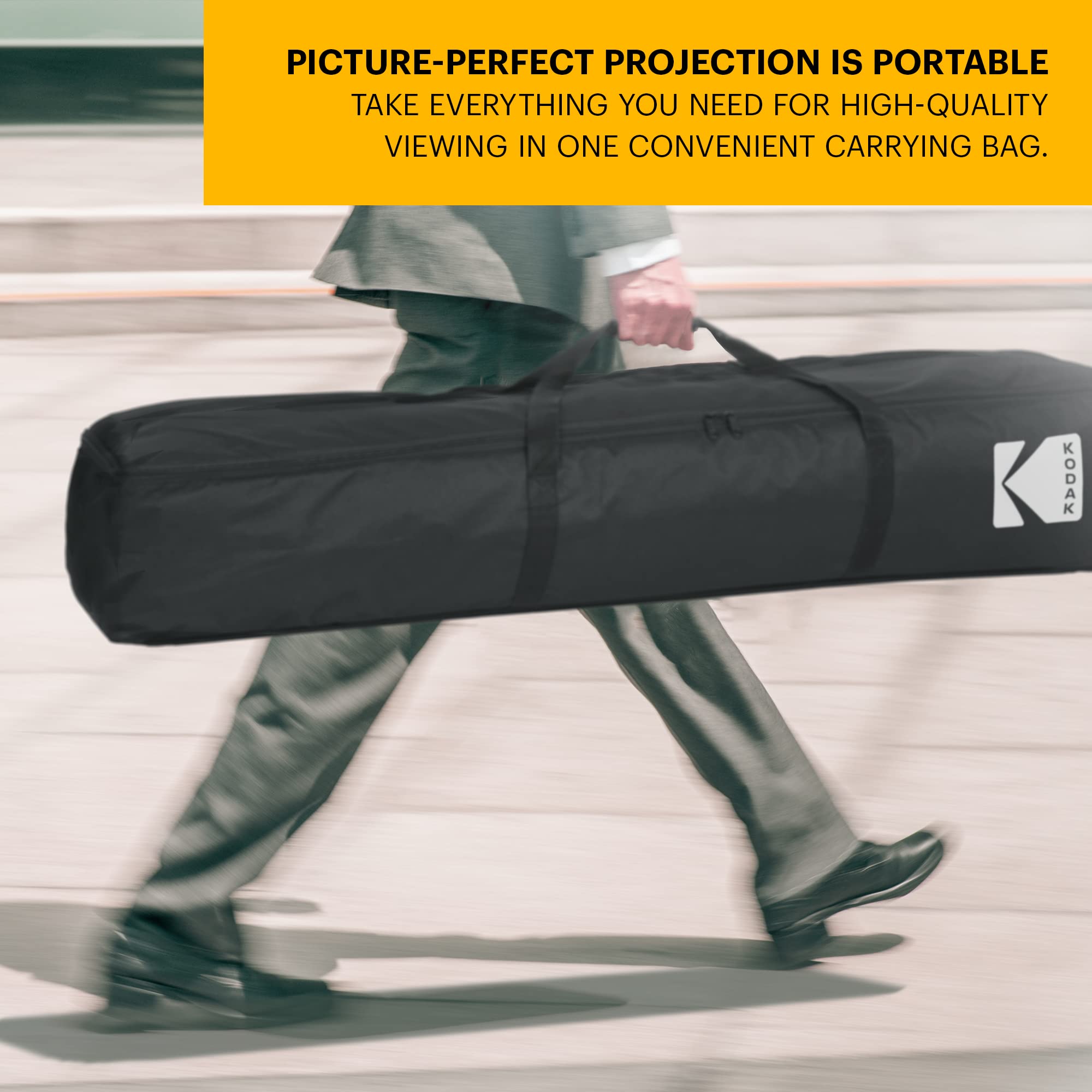 KODAK 150 Inch Portable Pull Down Projector Screen with Stand - Fast Fold White Projection Screen for Indoor & Outdoor Movies, Home Theater, Presentations - Includes Tripod, Stability Kit & Black Storage Case