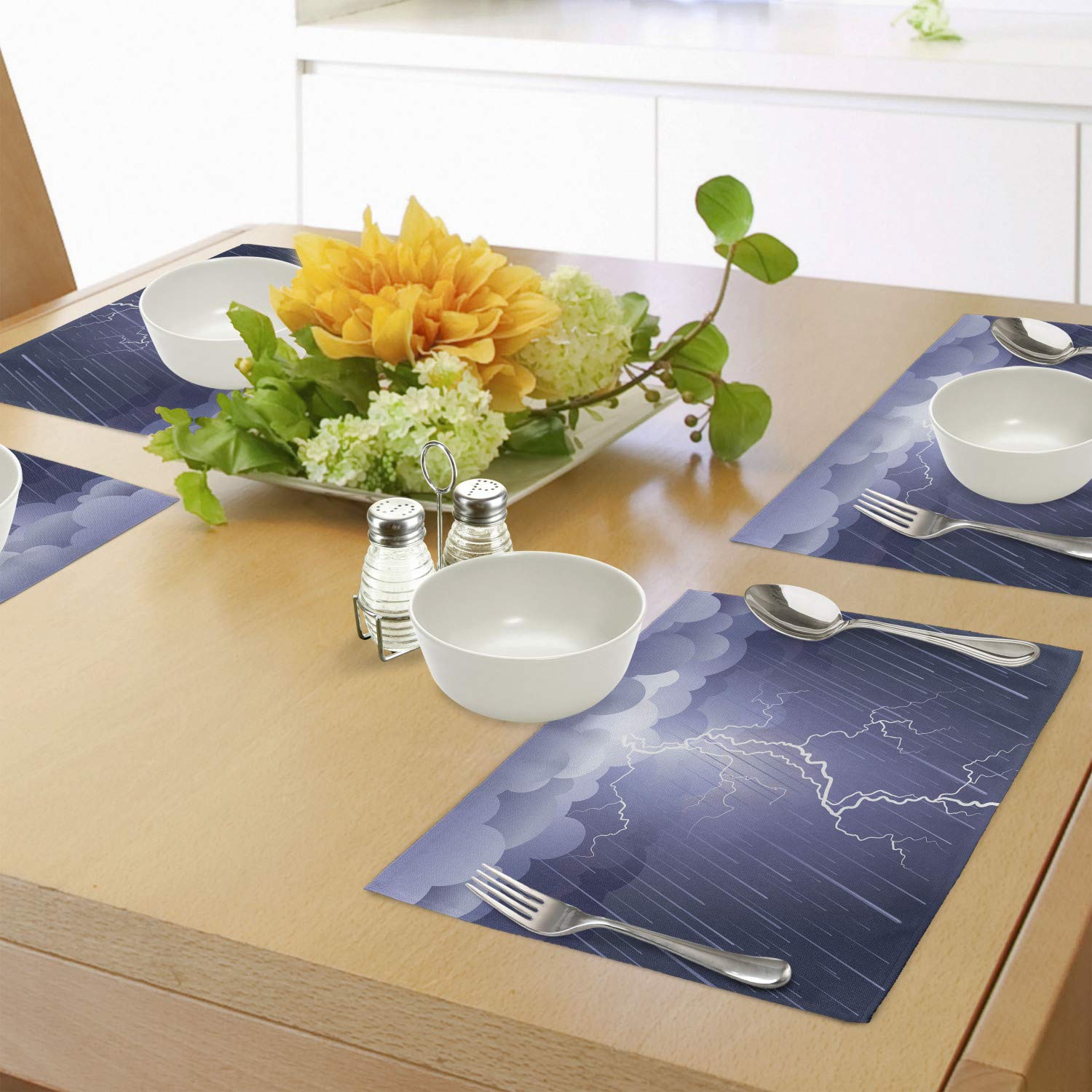 Ambesonne 4-Pack Lightning Placemats - Stormy Night Design for Dining & Kitchen Decor - Blue Washable Fabric