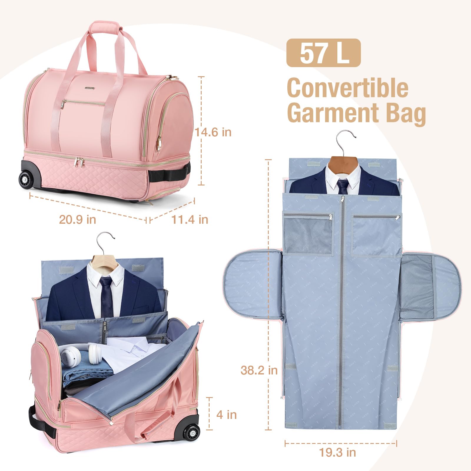 Convertible Rolling Garment Bag with Wheels & Shoe Compartment - Carry On Suitcase Trolley for Business Travel, Wedding & Weekend Trips | Durable Pink Travel Luggage for Airplanes, Hotels & Commuting