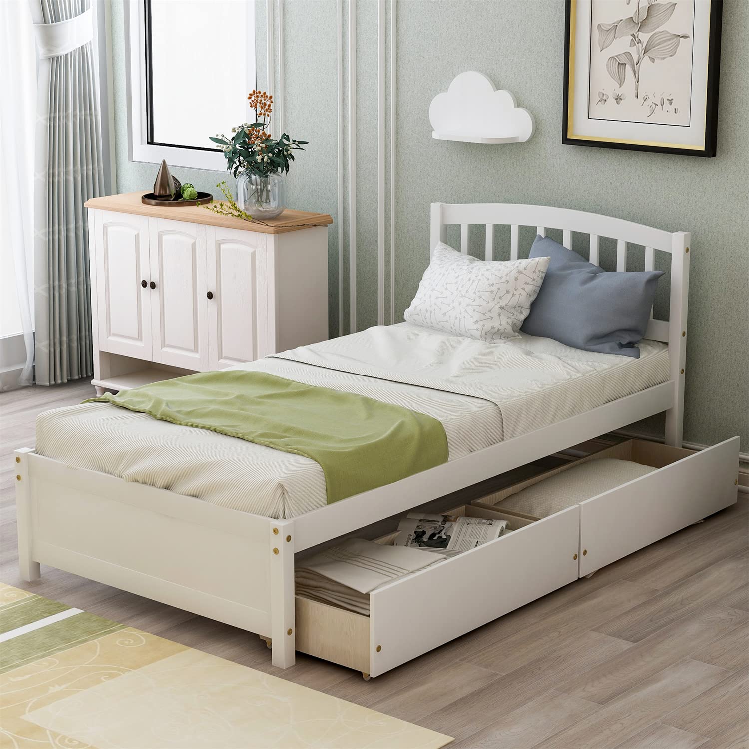 Twin Size Wooden Platform Bed Frame with Storage Drawers & Headboard - Underbed Space for Kids Teens Adults - No Box Spring Needed - White - Perfect for Small Bedrooms, Dorms & Guest Rooms