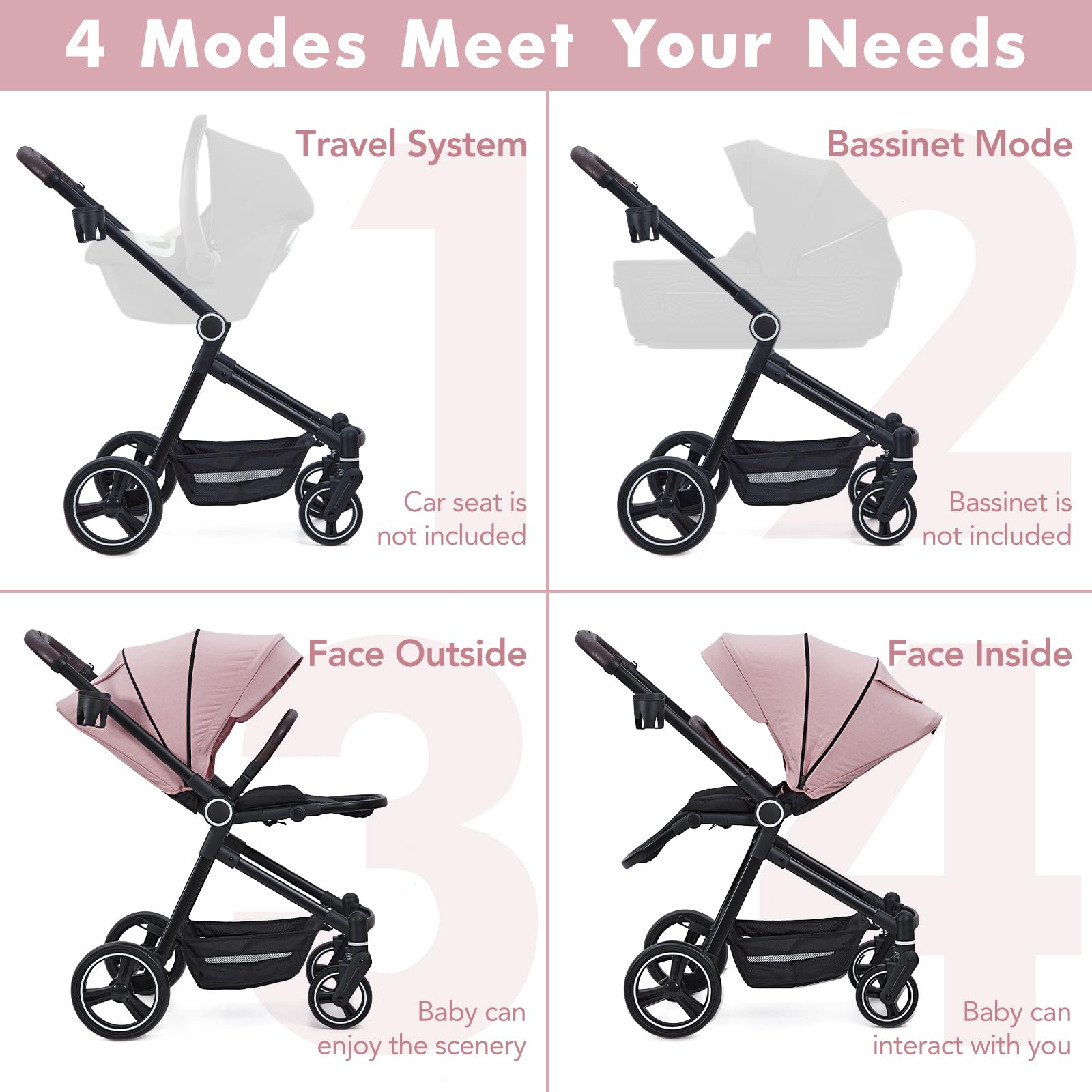 Foldable Pink Baby Stroller - Lightweight Travel Stroller for Newborn to Toddler, Convertible Infant Pram with Reversible Seat, Adjustable Canopy & Footrest, Large Storage Basket & Cup Holder | Perfect for Shopping, Travel, Walks in Park & Daily Use with Baby Girls & Boys