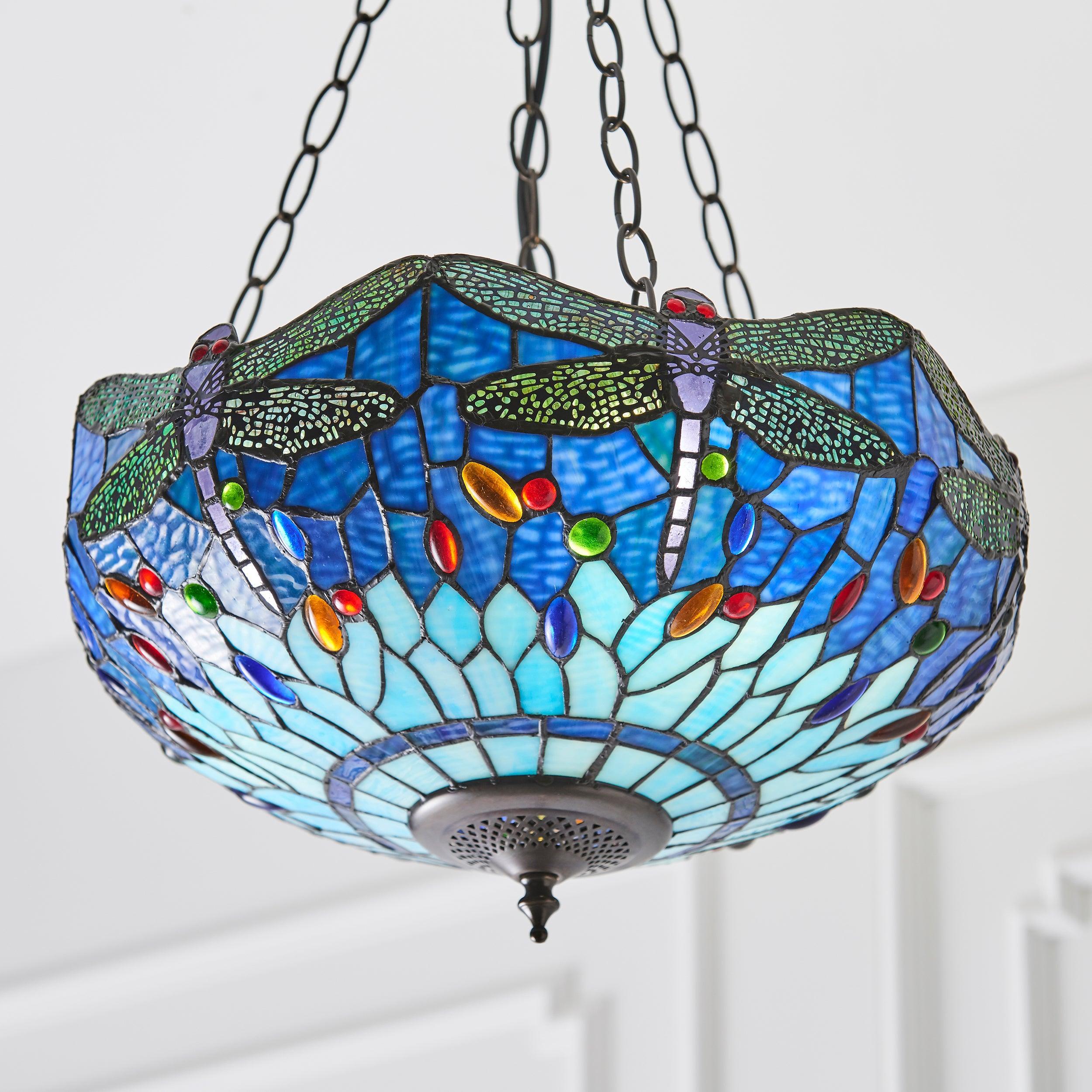 Blue Dragonfly Tiffany Style Ceiling Light - Large Inverted Stained Glass Fixture for Dining Room, Bedroom & Living Room Decor