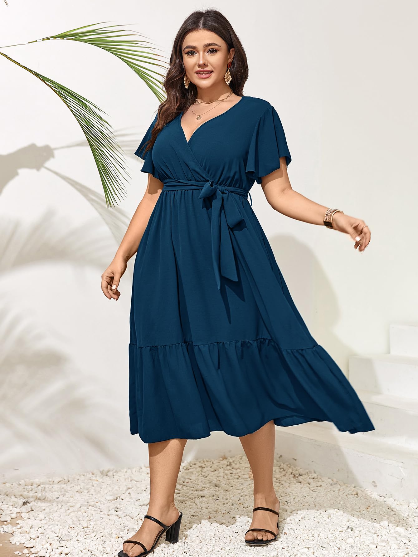 Plus Size Wedding Guest Dress for Women - Summer Wrap V-Neck Short Sleeve Belted Ruffle Hem A-Line Flowy Maxi Dress | Perfect for Weddings, Parties & Special Occasions