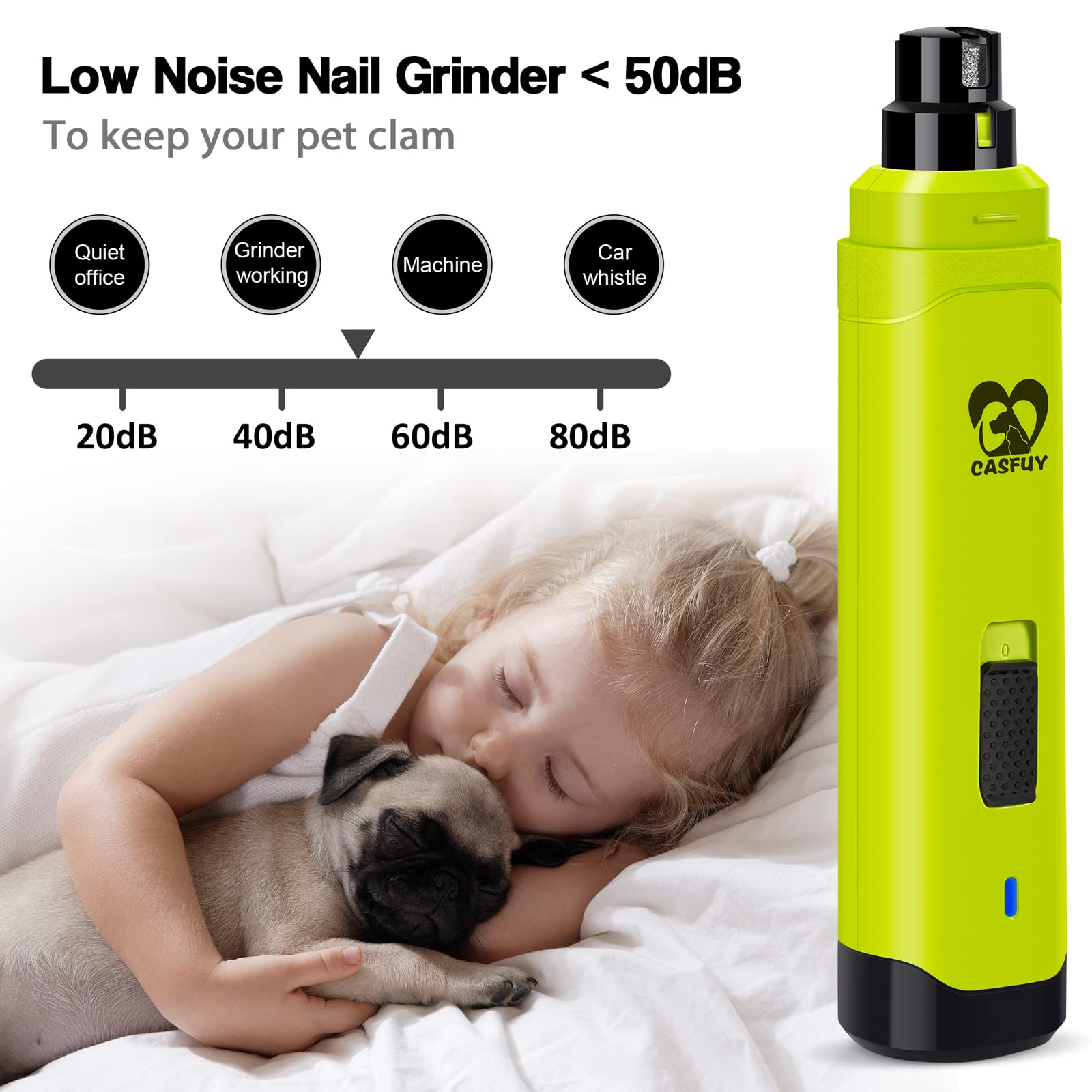 Casfuy Upgraded Dog Nail Grinder - Professional 2-Speed Electric Rechargeable Pet Nail Trimmer for Painless Paws Grooming, Safe for Small Medium Large Dogs & Cats (Green) | Perfect for At-Home Pet Grooming & Nail Smoothing