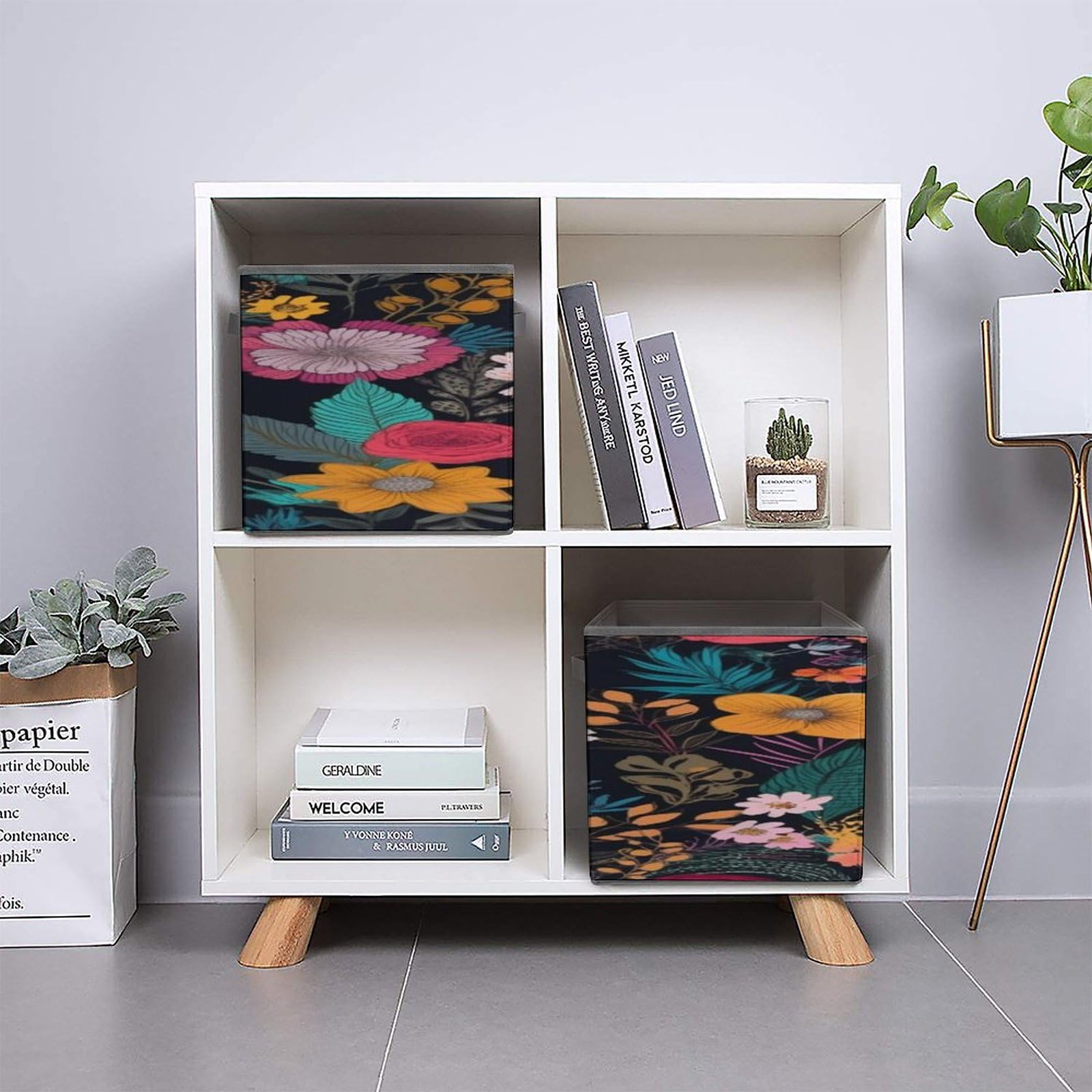 Collapsible Storage Cubes 10.6×10.6 Inches - Foldable Fabric Bins with Handles, Boho Floral Printed Organizer Baskets for Home, Office & Closet Organization | Perfect for Toys, Books & Laundry Storage