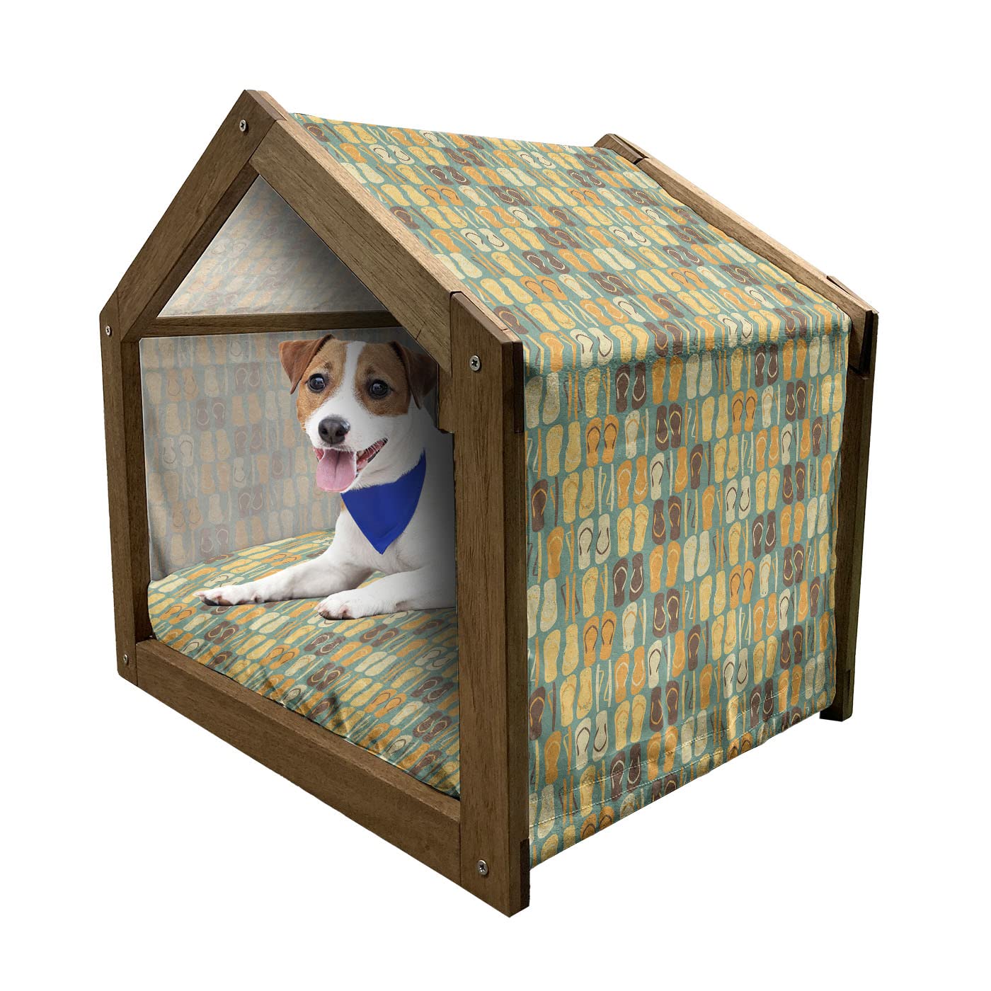 Ambesonne Wooden Pet House - Weathered Beach Design with Flip Flops, Summer Vacation Theme Dog Kennel for Indoor & Outdoor Use - Includes Pillow & Cover, Medium Size, Multicolor - Perfect for Beach Houses, Backyards, and Vacation Homes