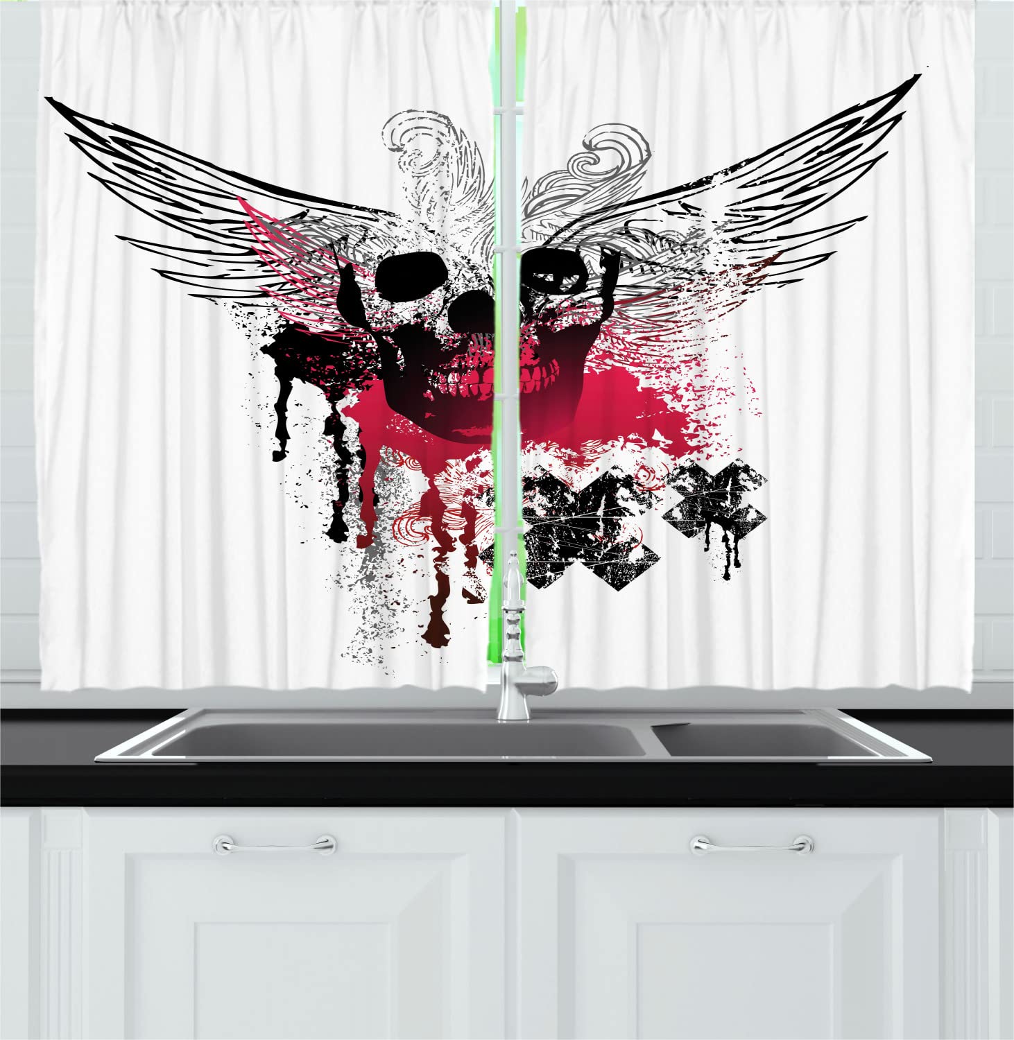 Ambesonne Skull Print Kitchen Curtains - Punk Style Grunge Wings & Skulls Artwork, Black Pink White, 55