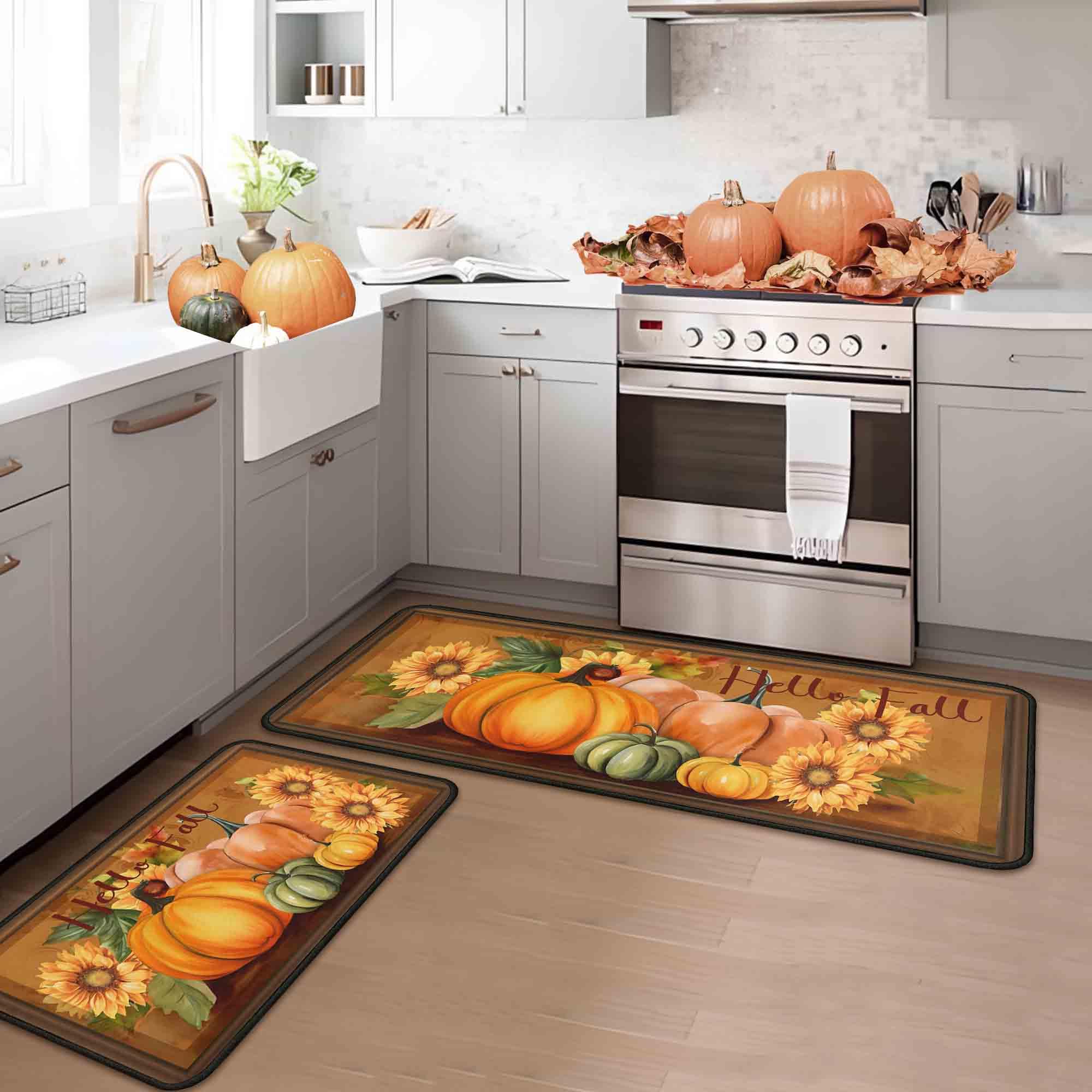 Hello Fall Pumpkin Decorative Kitchen Rugs Set of 2 - Thanksgiving Autumn Front Door Mat & Floor Rug for Fall Home Decor (17
