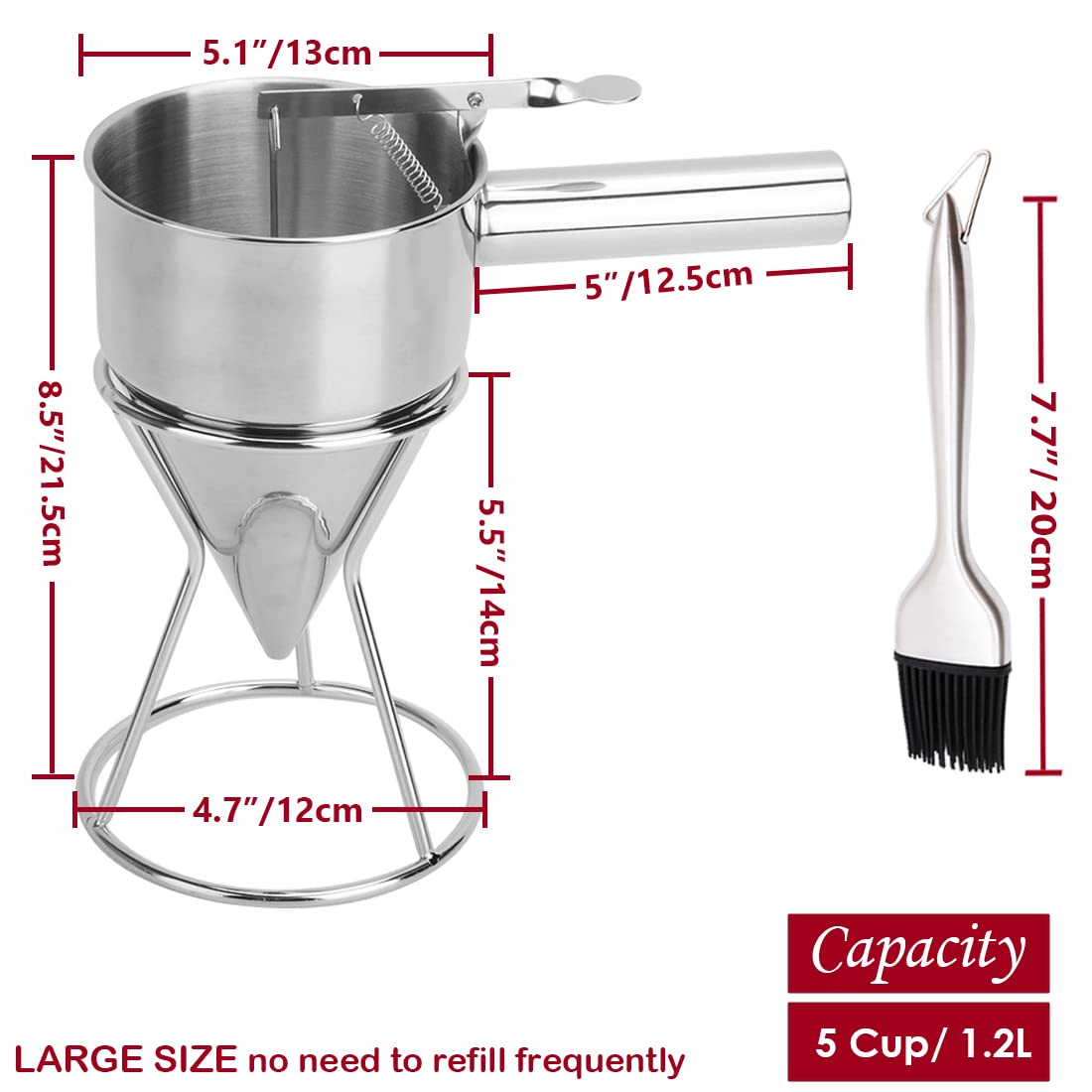 KAYCROWN 1200ml Stainless Steel Pancake Batter Dispenser with Stand & Basting Brush - Perfect for Cupcakes, Waffles, Takoyaki, Crepes, and Baking - Ideal for Breakfast, Desserts, and Party Food Preparation