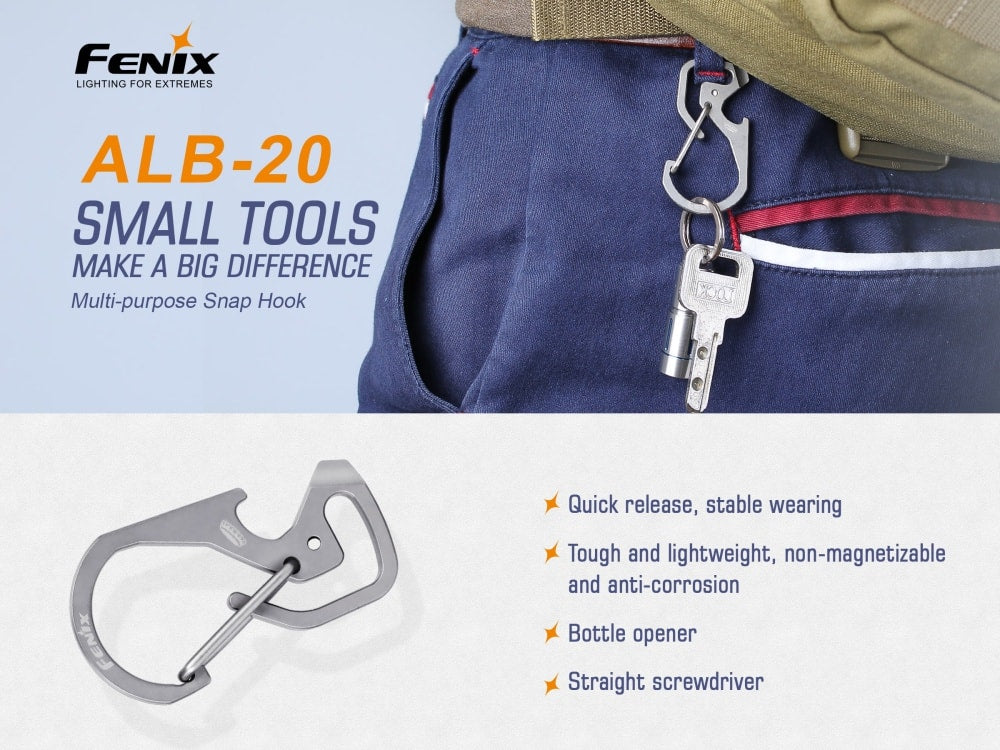 Fenix ALB-20 Heavy Duty Multi-Purpose Snap Hook - Durable Carabiner for Camping, Hiking, Climbing & Outdoor Gear (Black)