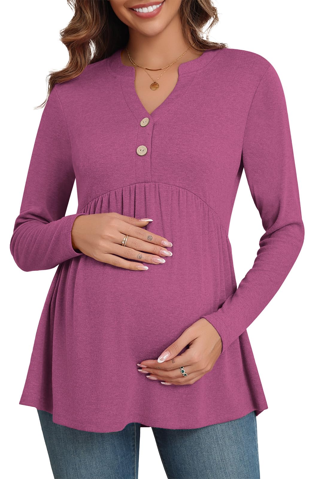 Xpenyo Women's Maternity Tops - Long Sleeve Pregnancy Tunic Shirts with V-Neck Buttons, Fall 2024 Casual & Dressy Blouses - Perfect for Office, Maternity Photos & Everyday Comfort
