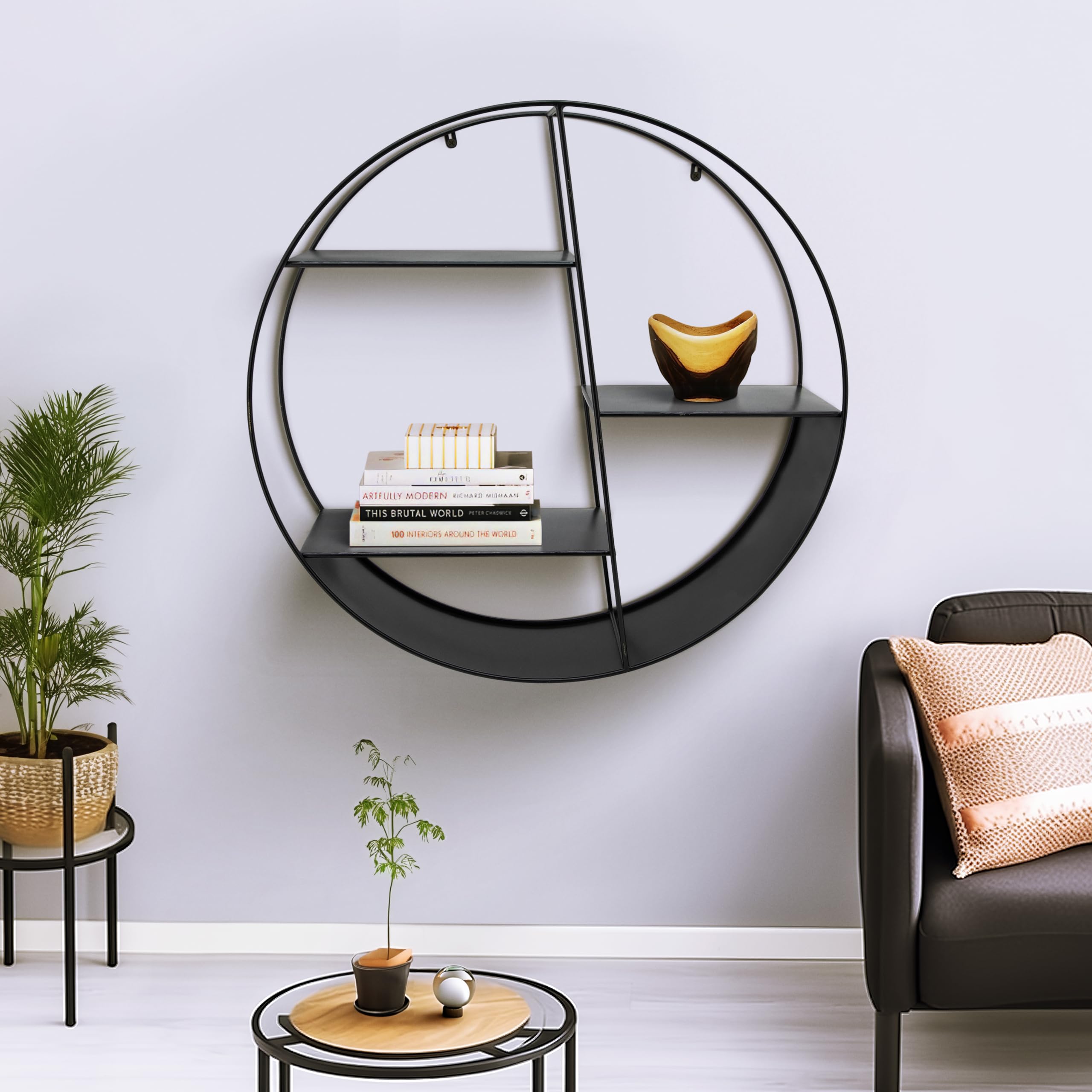 32 Inch Round Black Floating Shelf - 4 Tier Modern Metal Wall Shelf for Home Office Bathroom Bedroom Decor | Space Saving Storage Solution for Small Rooms & Stylish Display