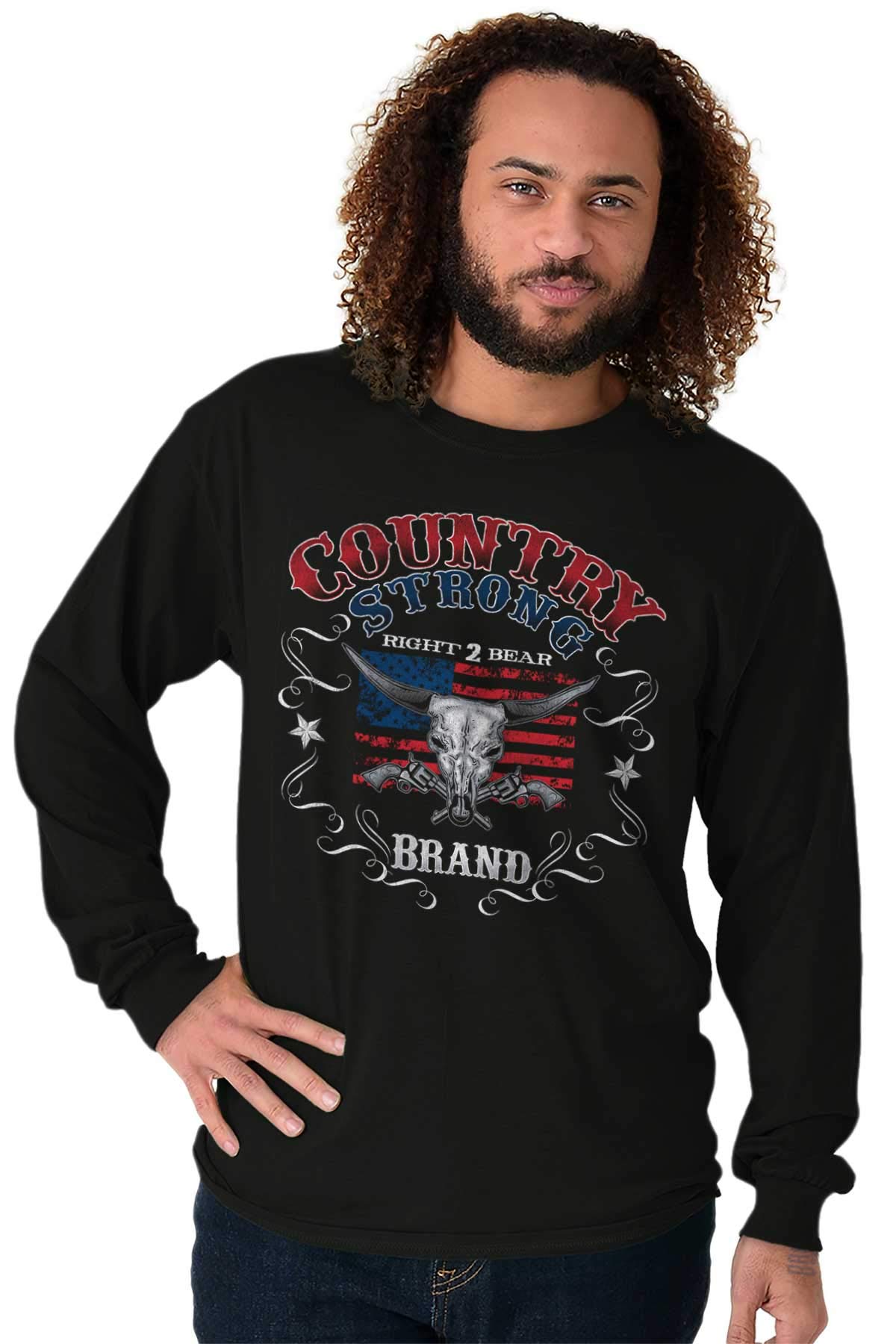Brisco Brands Country Strong Longhorn Gun Rights Men's Long Sleeve T-Shirt | Patriotic American Western Style Tee for Hunting, Outdoor & Casual Wear