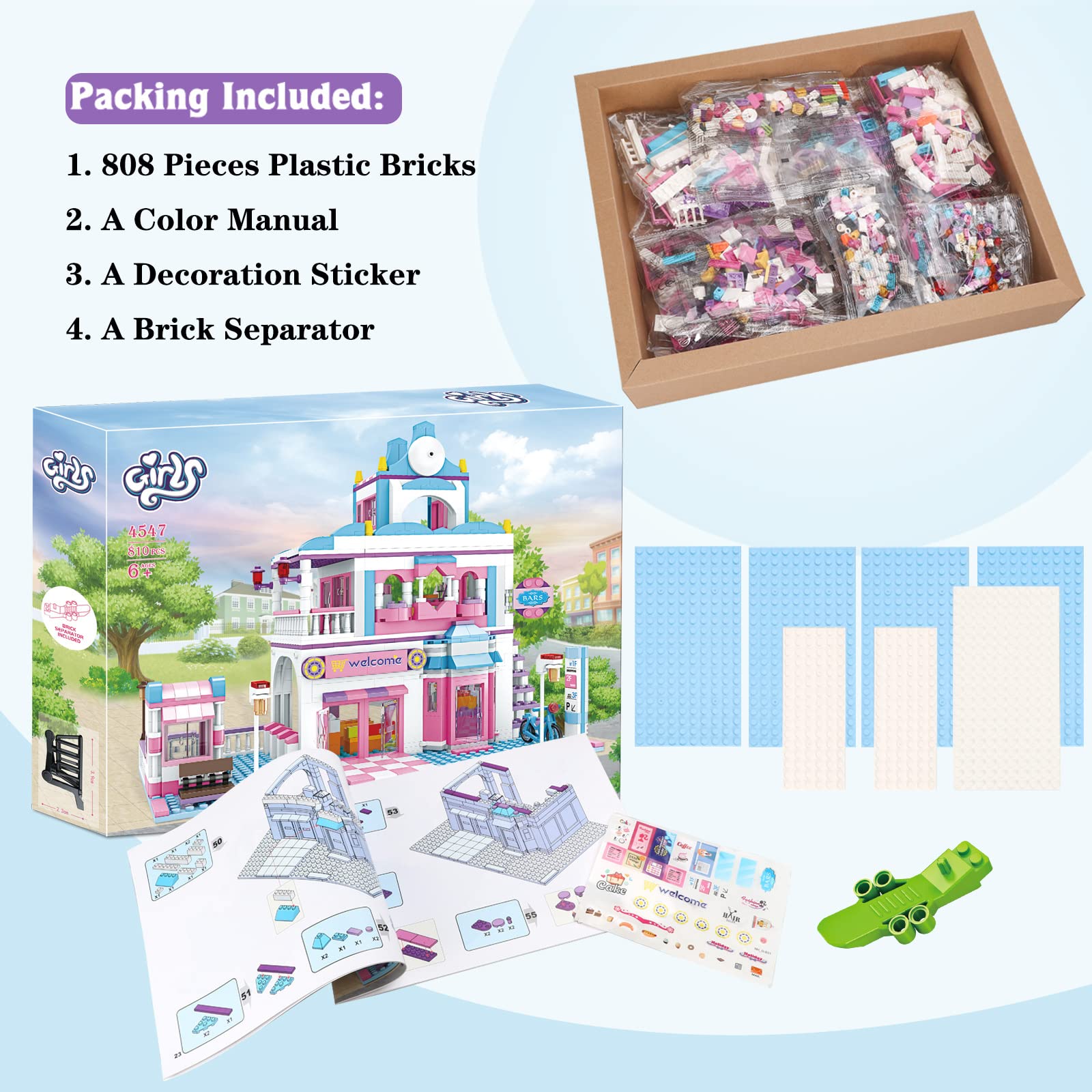 BRICK STORY Dream Girls Friends Shopping Mall Building Set - 808 Piece DIY Construction Toy with Supermarket & Restaurant Playset, 4 Mini Figures - Creative Gift for Girls Ages 6-12 - Perfect for Birthday, Christmas & Pretend Play