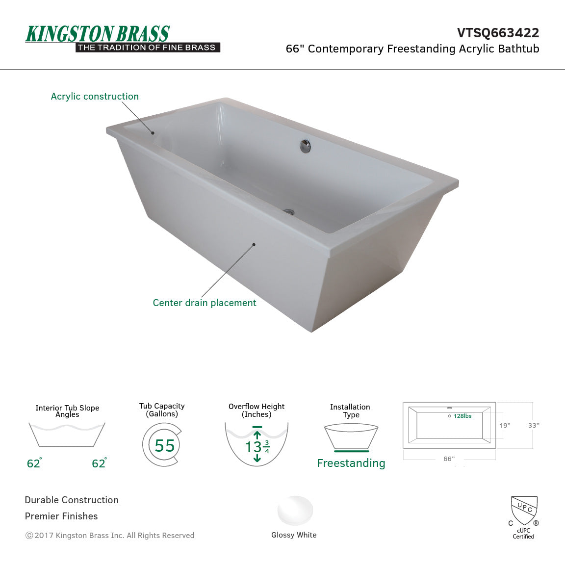Aqua Eden 66 Inch Acrylic Freestanding Bathtub - Rectangular Double Ended Soaking Tub with Drain, Glossy White Finish | Perfect for Luxury Bathrooms & Spa Retreats
