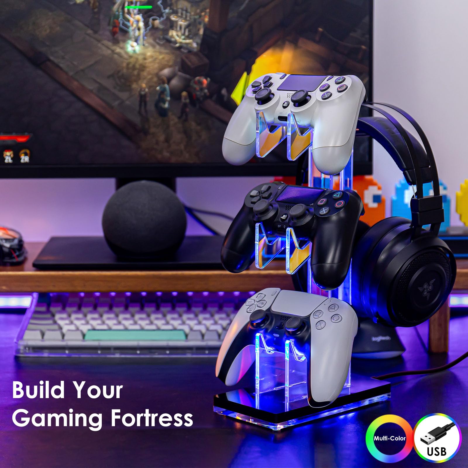 OAPRIRE 3-Tier Acrylic Gaming Controller Stand with LED Lights - Universal Headset Holder for PS5, PS4, Nintendo Switch & PC Accessories (Black) | Perfect for Gaming Setup & Desk Organization