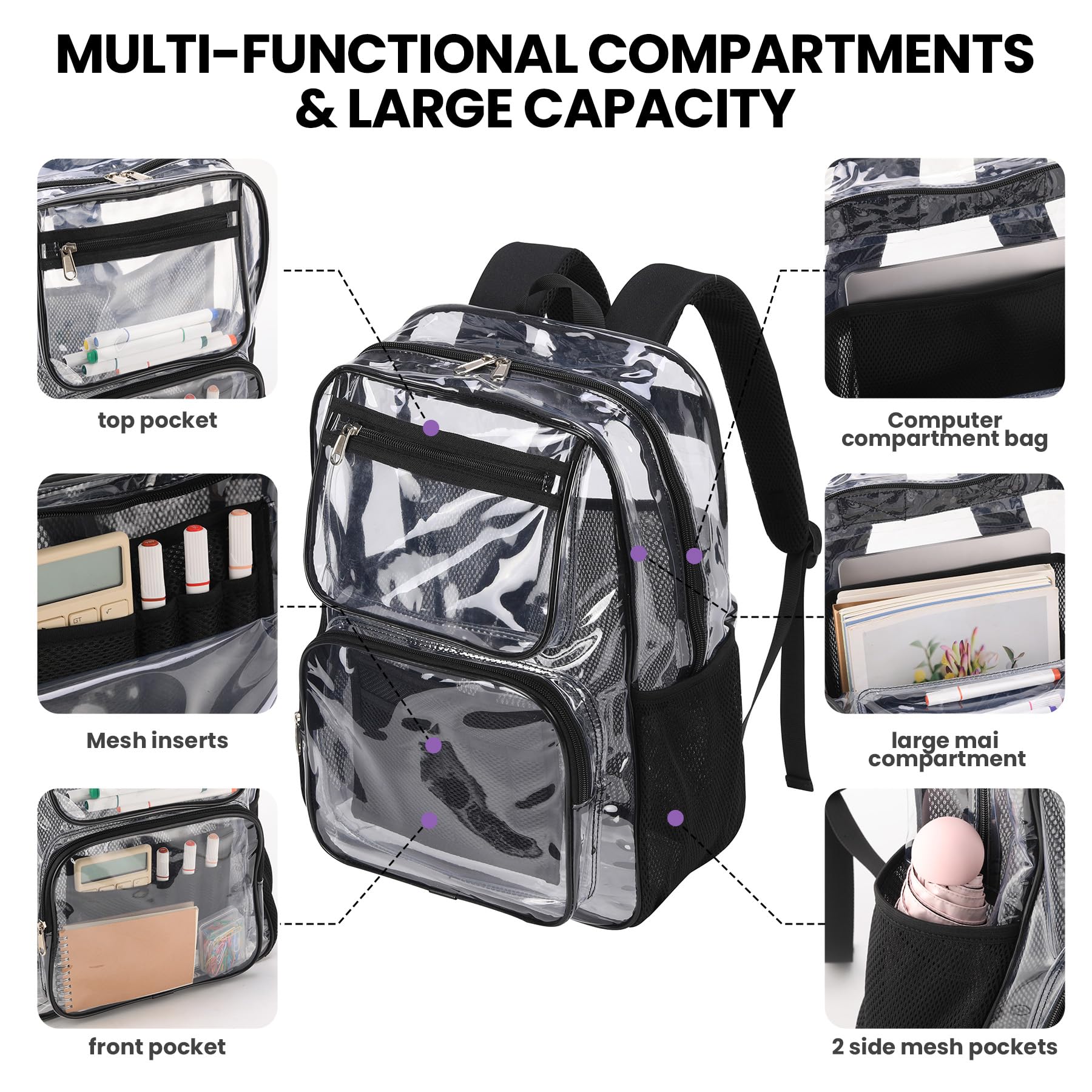 Clear Backpack and Double Lunch Bag Set for Kids - Stylish Black School Essentials for Daily Use & Travel