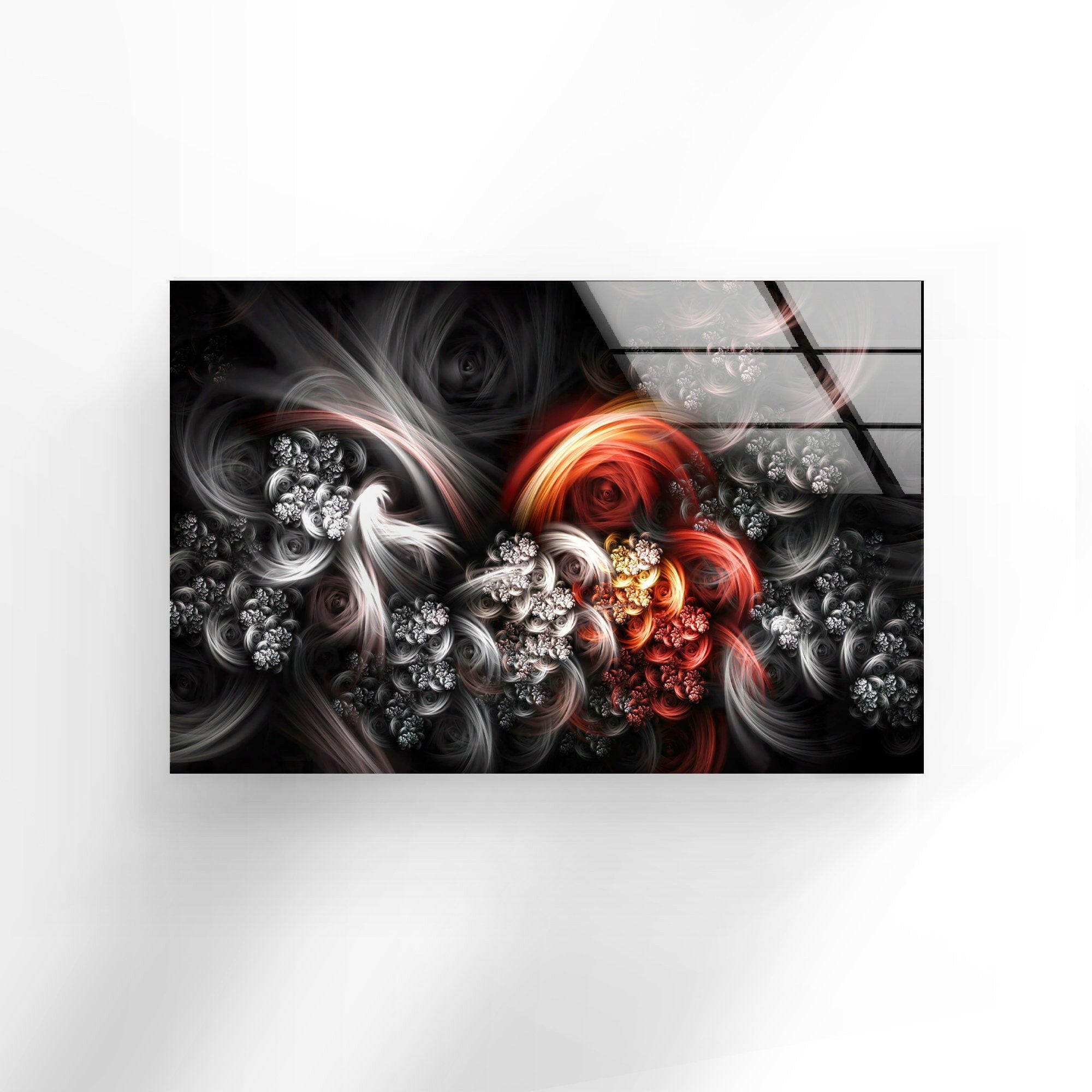 Modern Black and Red Fractal Glass Wall Art - Handmade Abstract Home Decor for Living Room, Bedroom & Office - Unique Contemporary Wall Hanging for Interior Design