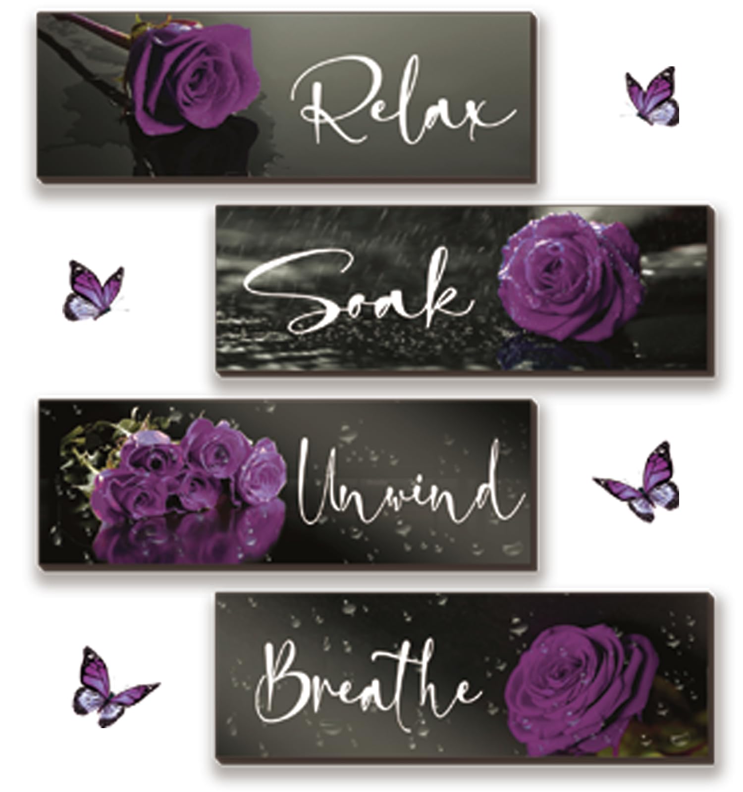 4-Piece Purple Rose Wall Art Set - Wooden Bathroom Decor with Relax Soak Unwind Breathe Signs (12x4 Inch) - Perfect for Girls Bedroom, Women's Living Room & Home Decor - Create a Spa-Like Ambiance for Relaxation & Self-Care Moments