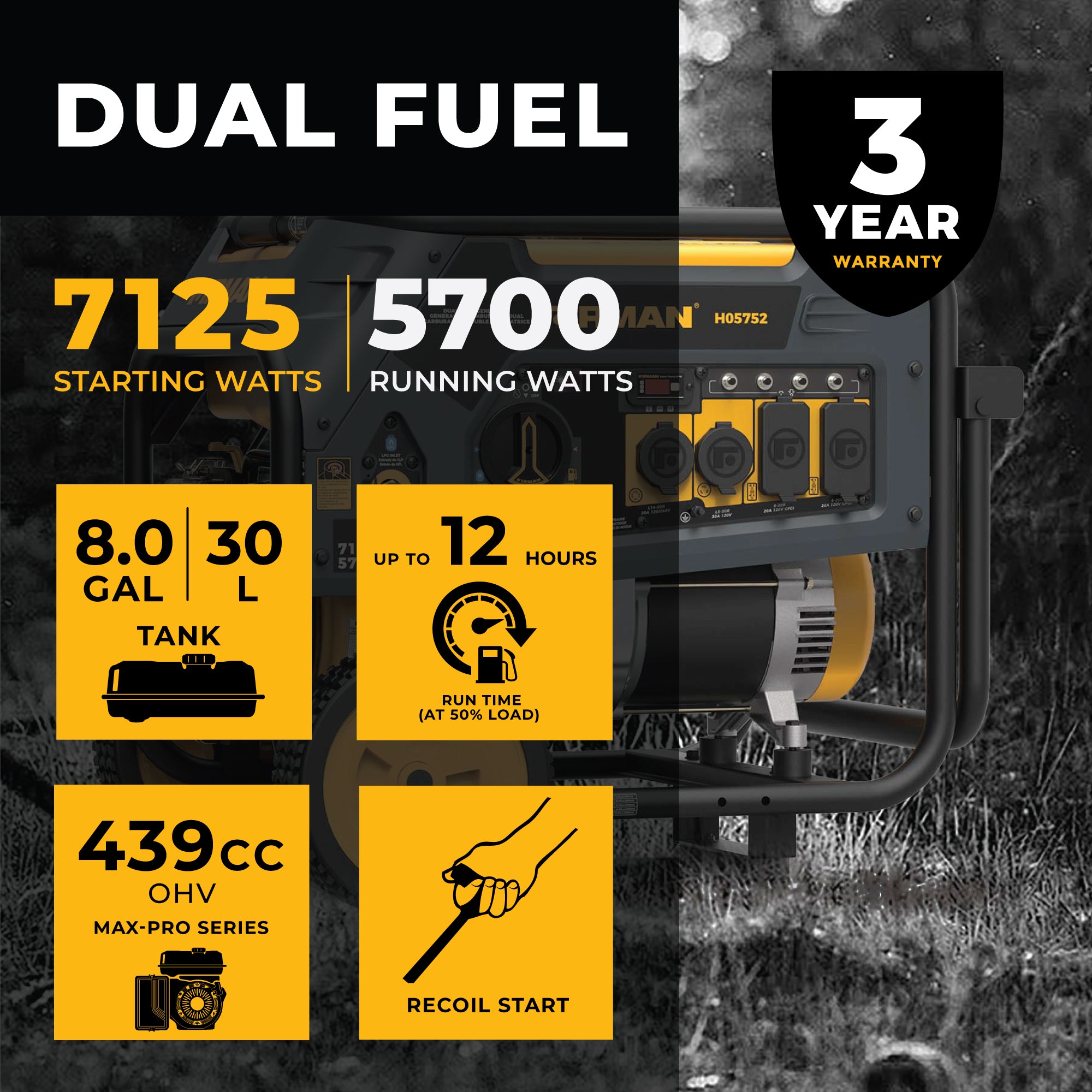 Dual Fuel 5700W Portable Generator with Recoil Start - 120V/240V Output for Camping, Home Backup & Outdoor Power