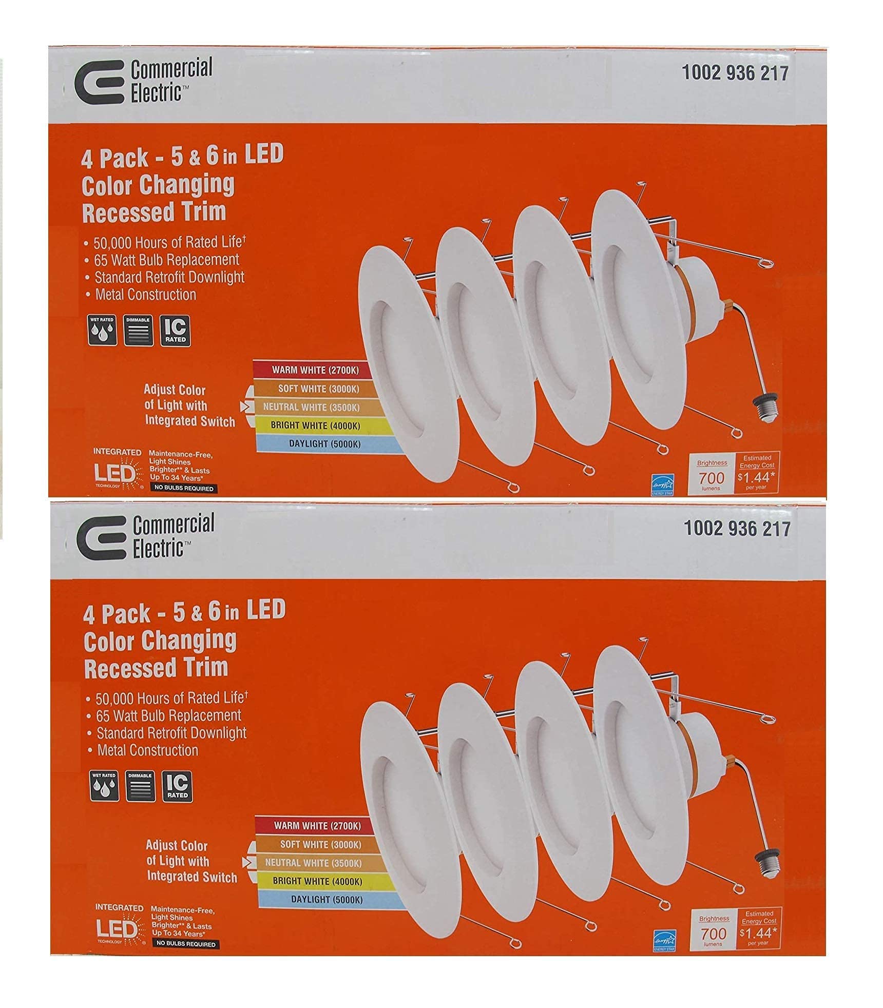 Commercial Electric 5/6 Inch White Integrated LED Energy Star Color Changing Recessed Trim Downlight - 8 Pack - Dimmable Ceiling Lighting for Kitchen, Bathroom, Living Room & Bedroom