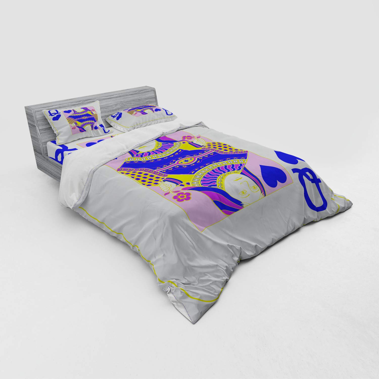 Ambesonne Queen Duvet Cover Set 4-Piece - Queen of Hearts Playing Card Casino Design for Poker & Blackjack Fans - Includes Shams & Fitted Sheet - Queen Size Bedding in Vermilion Yellow White - Perfect for Casino-Themed Bedrooms & Game Room Decor