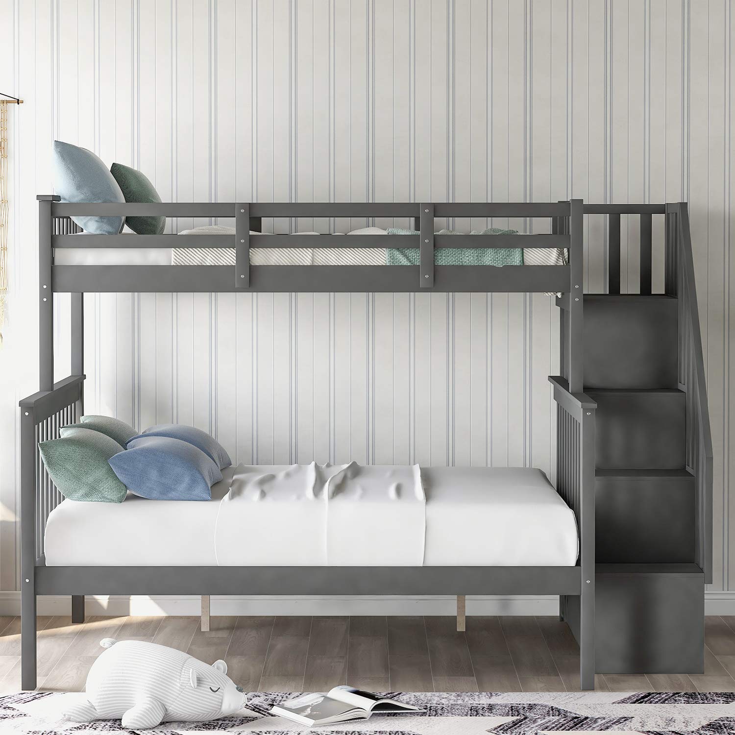 MERITLINE Twin Over Full Bunk Bed Frame for Kids - Mission Style Wooden Bunk Bed with Stairs & Storage | Space-Saving Kids Bedroom Furniture for Siblings or Sleepovers