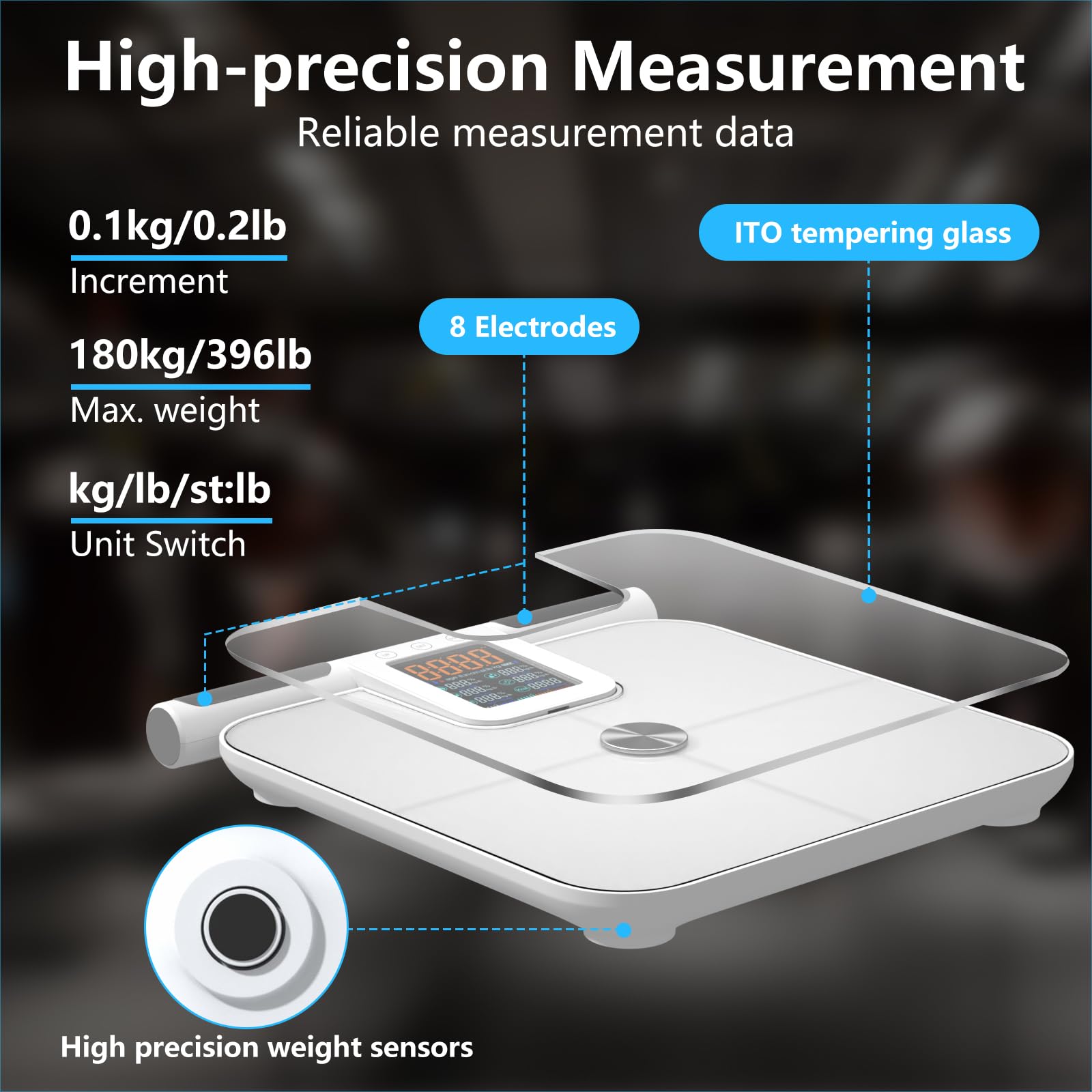 Smart Scale by Brand - 8 Electrode Body Composition Analyzer with BMI, Body Fat, Muscle Mass & Large LCD Display (396lb Capacity) - Perfect for Home Gym, Weight Loss Tracking & Health Monitoring