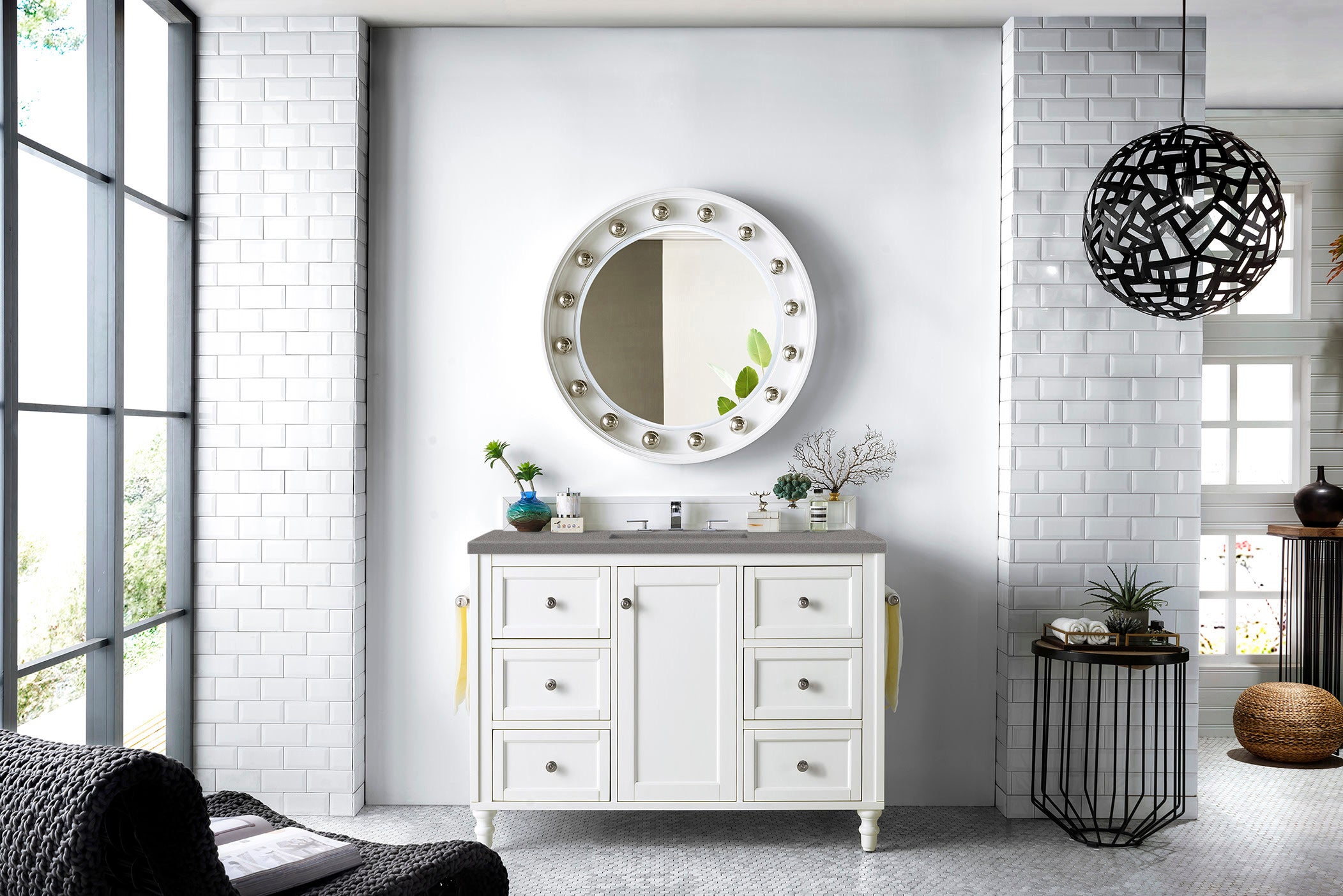 Copper Cove Encore 48 Inch Single Bathroom Vanity Set with Bright White Finish & 3CM Grey Expo Quartz Countertop - Perfect for Modern Master Bathrooms and Powder Rooms